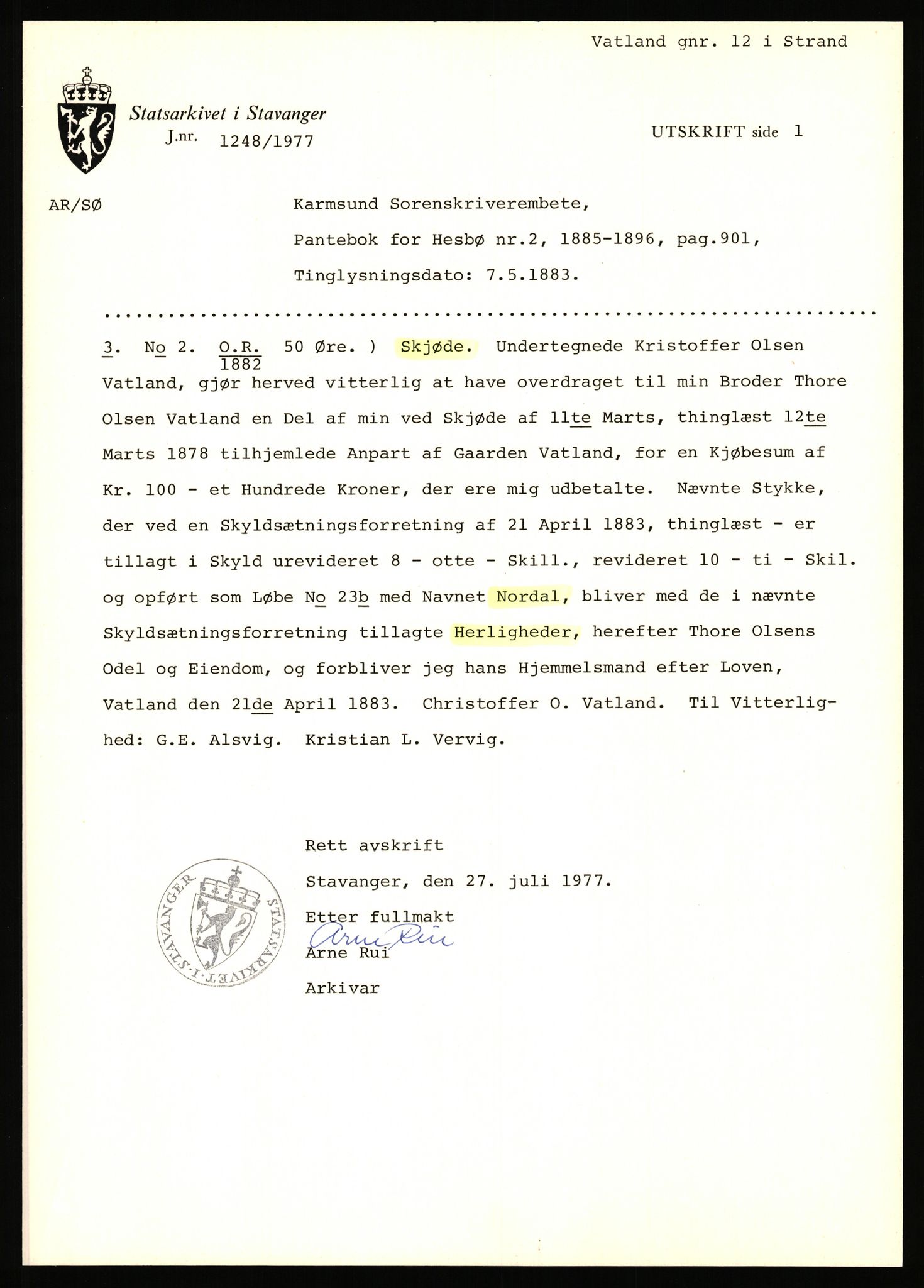 Statsarkivet i Stavanger, AV/SAST-A-101971/03/Y/Yj/L0092: Avskrifter sortert etter gårdsnavn: Varhaug søndre - Vatnemoholmene, 1750-1930, p. 423