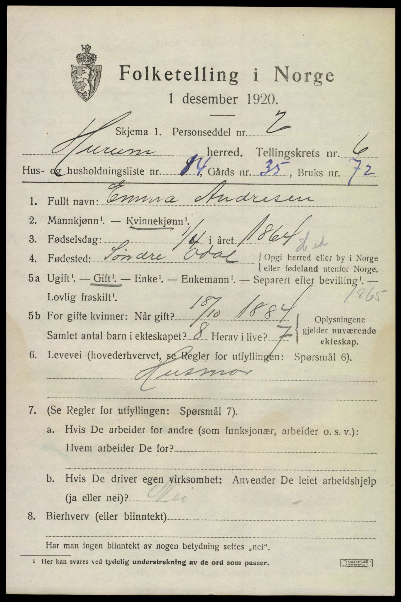 SAKO, 1920 census for Hurum, 1920, p. 7440