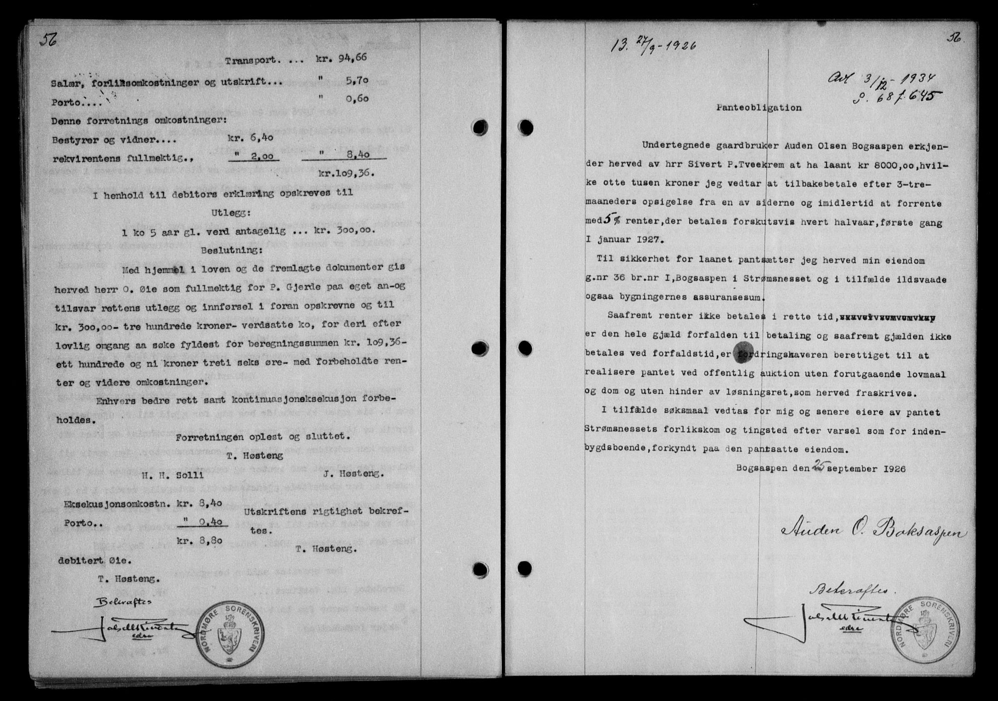 Nordmøre sorenskriveri, AV/SAT-A-4132/1/2/2Ca/L0061: Mortgage book no. 51, 1926-1927, Deed date: 27.09.1926