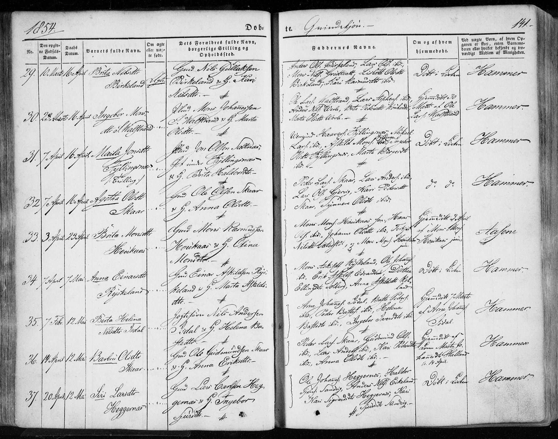 Hamre sokneprestembete, AV/SAB-A-75501/H/Ha/Haa/Haaa/L0013: Parish register (official) no. A 13, 1846-1857, p. 141