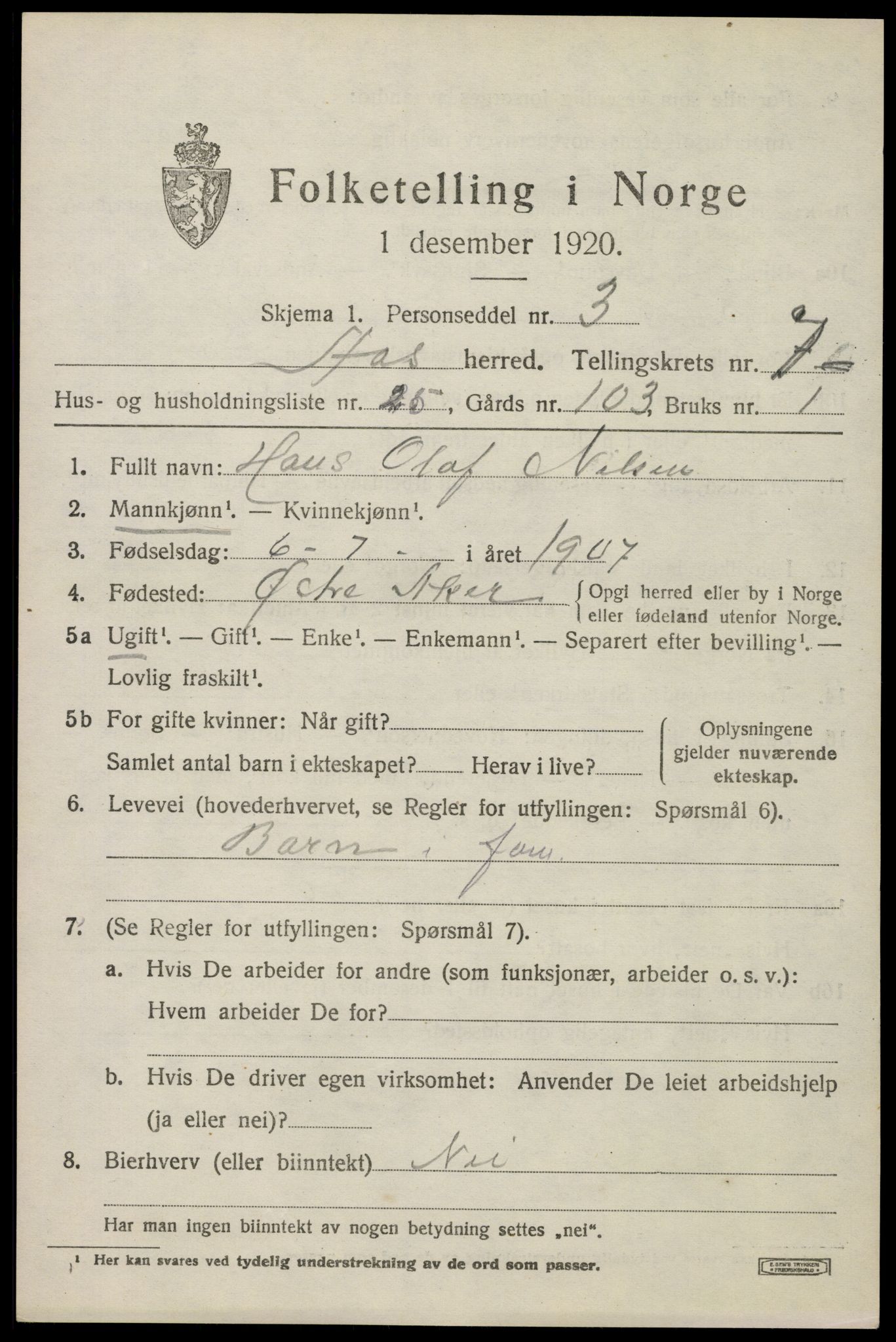 SAO, 1920 census for Ås, 1920, p. 7994