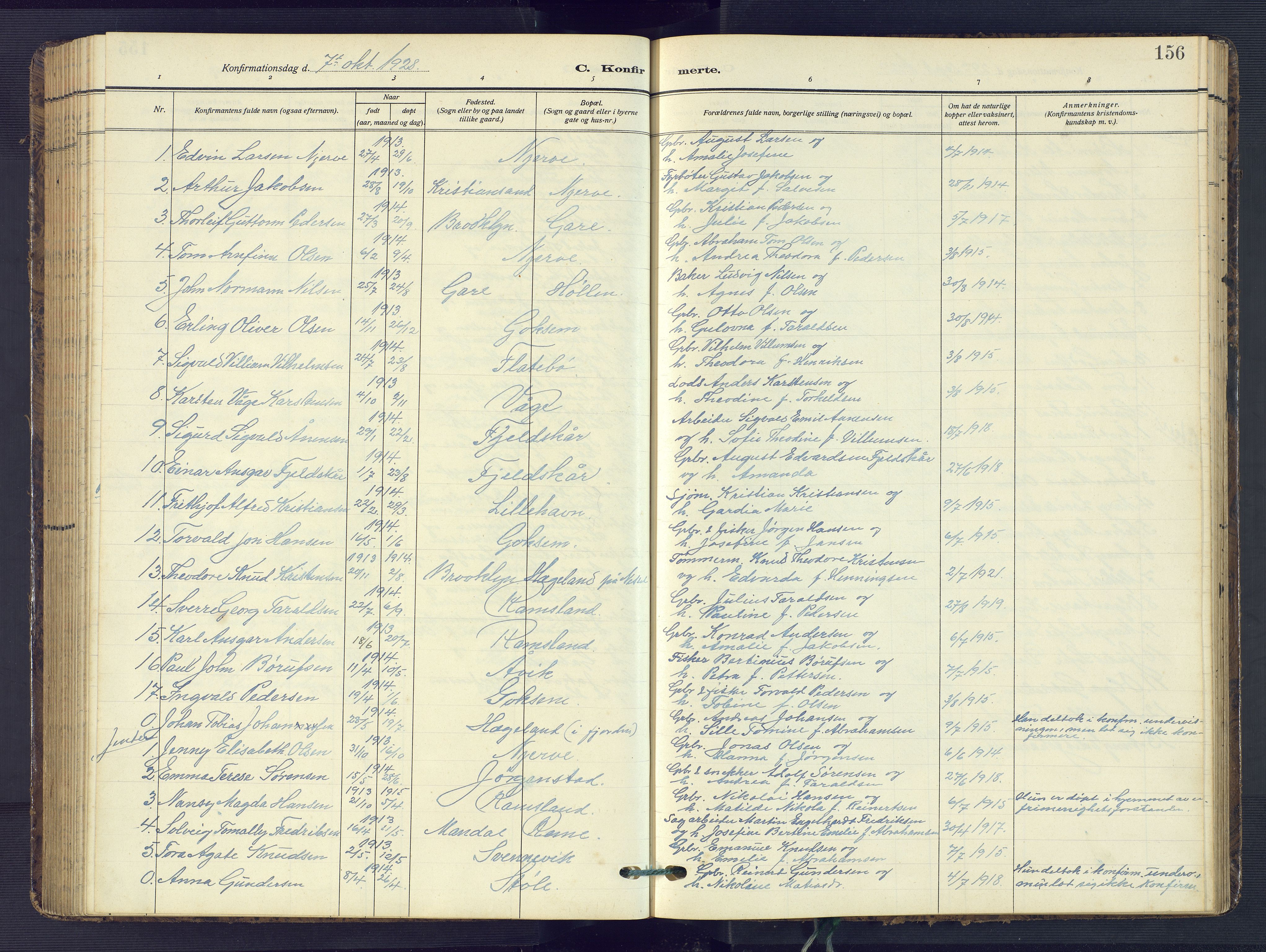 Sør-Audnedal sokneprestkontor, AV/SAK-1111-0039/F/Fb/Fba/L0005: Parish register (copy) no. B 5, 1908-1963, p. 156