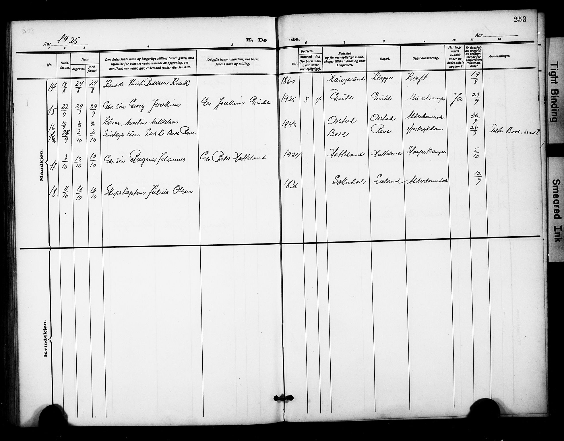 Klepp sokneprestkontor, AV/SAST-A-101803/001/3/30BB/L0007: Parish register (copy) no. B 7, 1908-1934, p. 253