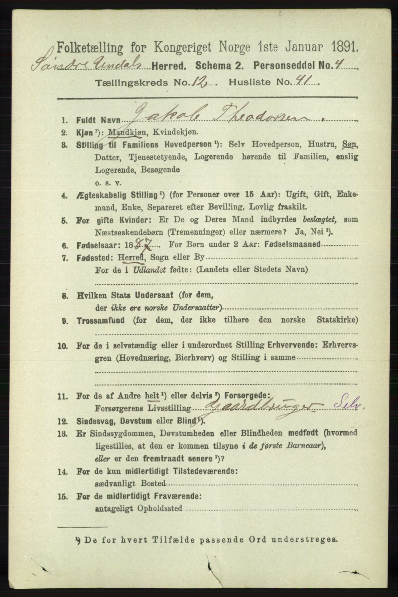 RA, 1891 census for 1029 Sør-Audnedal, 1891, p. 5733