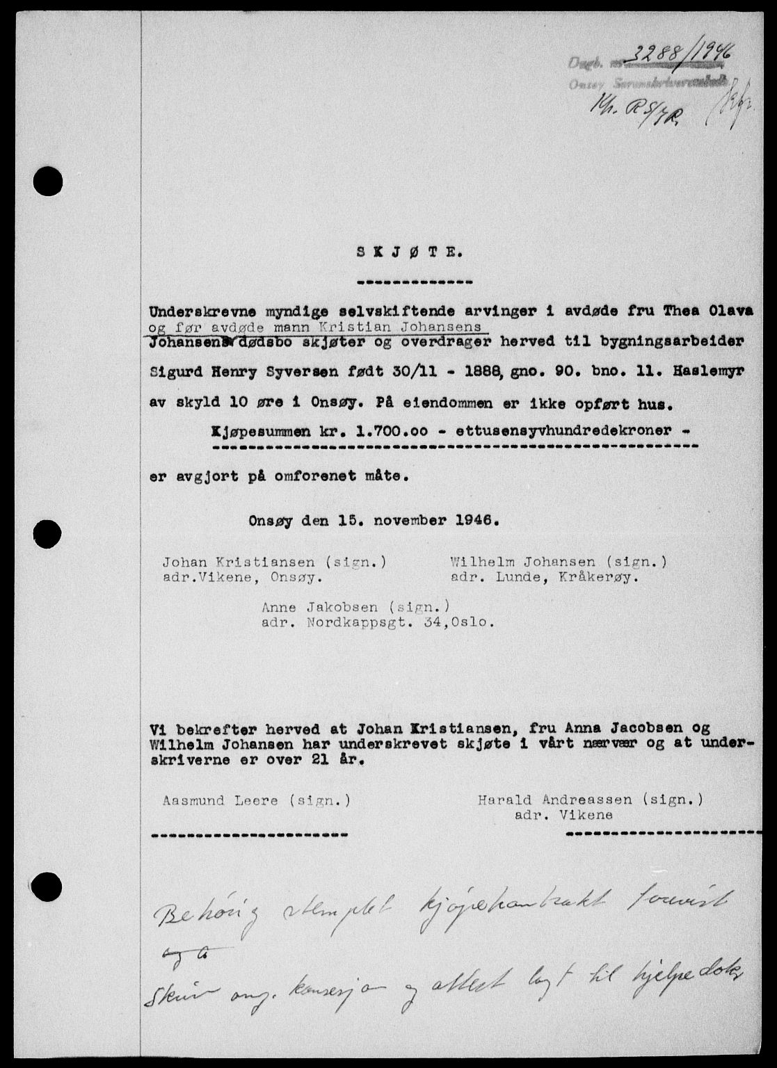 Onsøy sorenskriveri, SAO/A-10474/G/Ga/Gab/L0018: Mortgage book no. II A-18, 1946-1947, Diary no: : 3288/1946