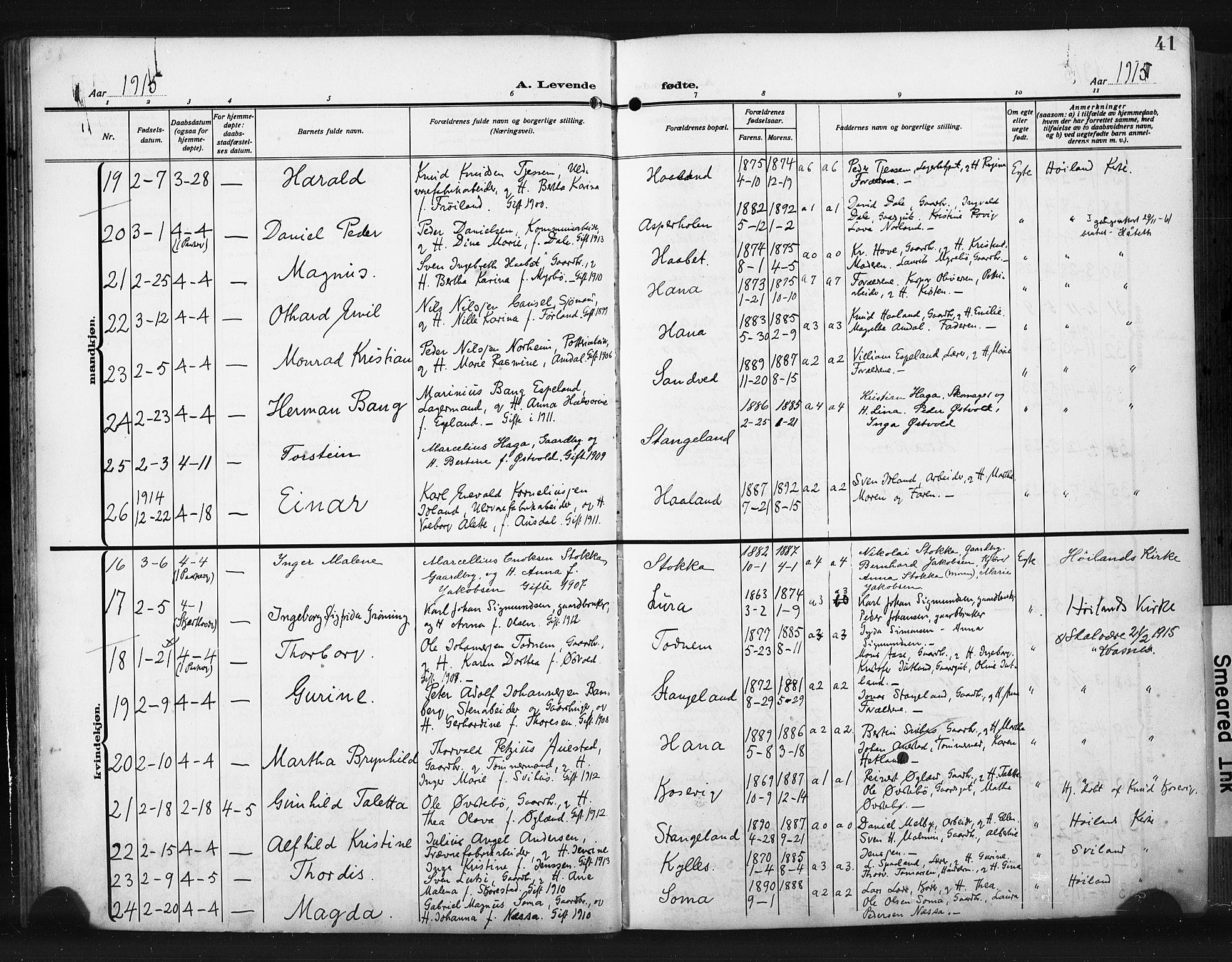 Høyland sokneprestkontor, AV/SAST-A-101799/001/30BA/L0017: Parish register (official) no. A 15, 1912-1924, p. 41