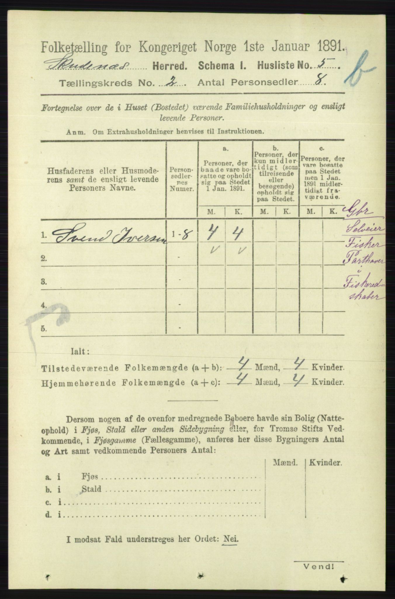 RA, 1891 census for 1150 Skudenes, 1891, p. 3676