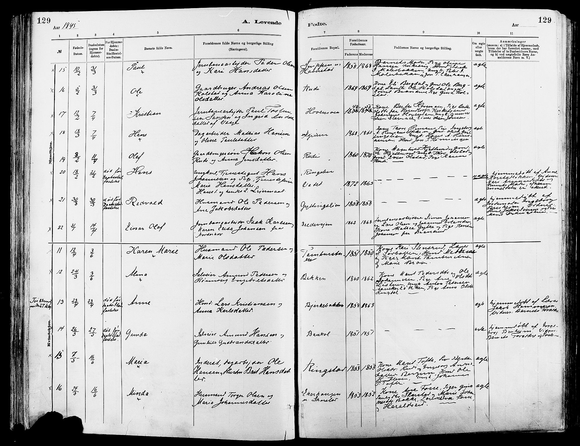 Sør-Fron prestekontor, AV/SAH-PREST-010/H/Ha/Haa/L0003: Parish register (official) no. 3, 1881-1897, p. 129