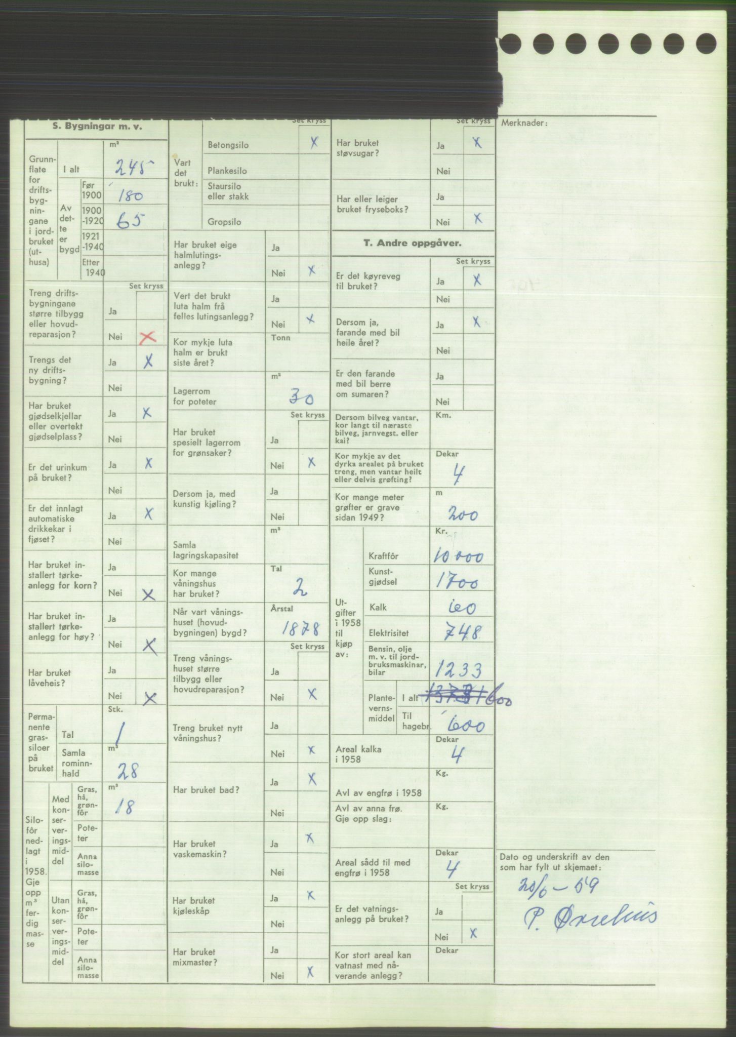 Statistisk sentralbyrå, Næringsøkonomiske emner, Jordbruk, skogbruk, jakt, fiske og fangst, AV/RA-S-2234/G/Gd/L0373: Rogaland: 1130 Strand (kl. 1-2), 1131 Årdal og 1132 Fister, 1959, p. 2000