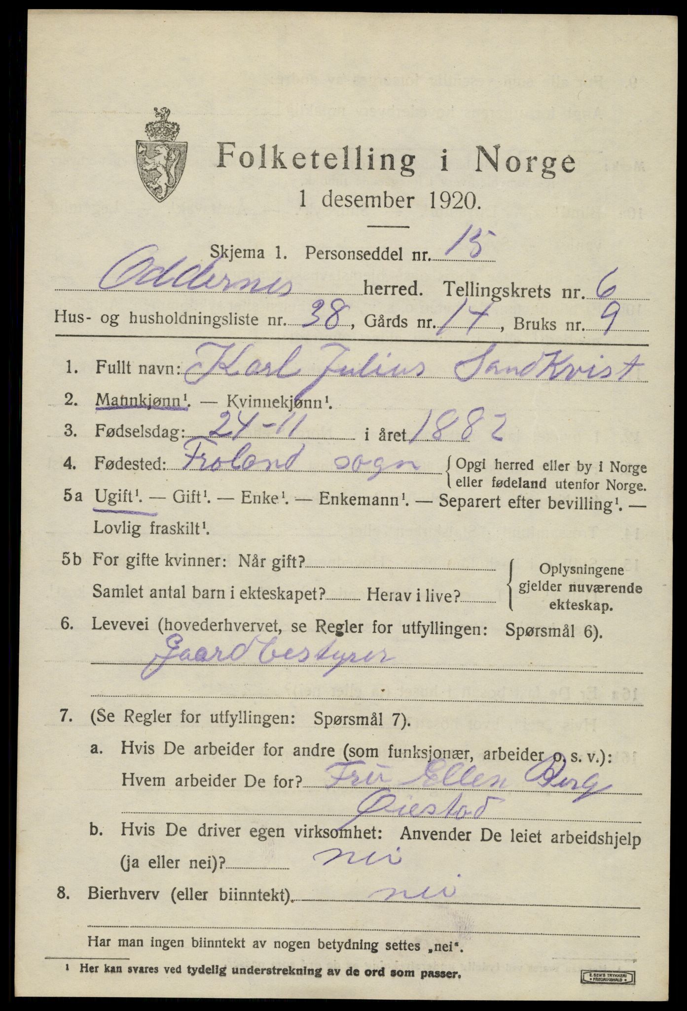 SAK, 1920 census for Oddernes, 1920, p. 5399