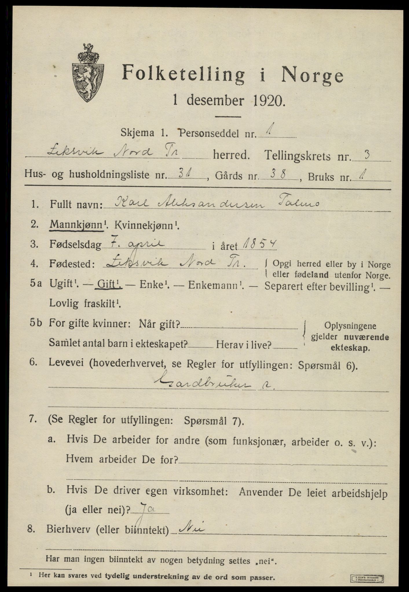 SAT, 1920 census for Leksvik, 1920, p. 3258