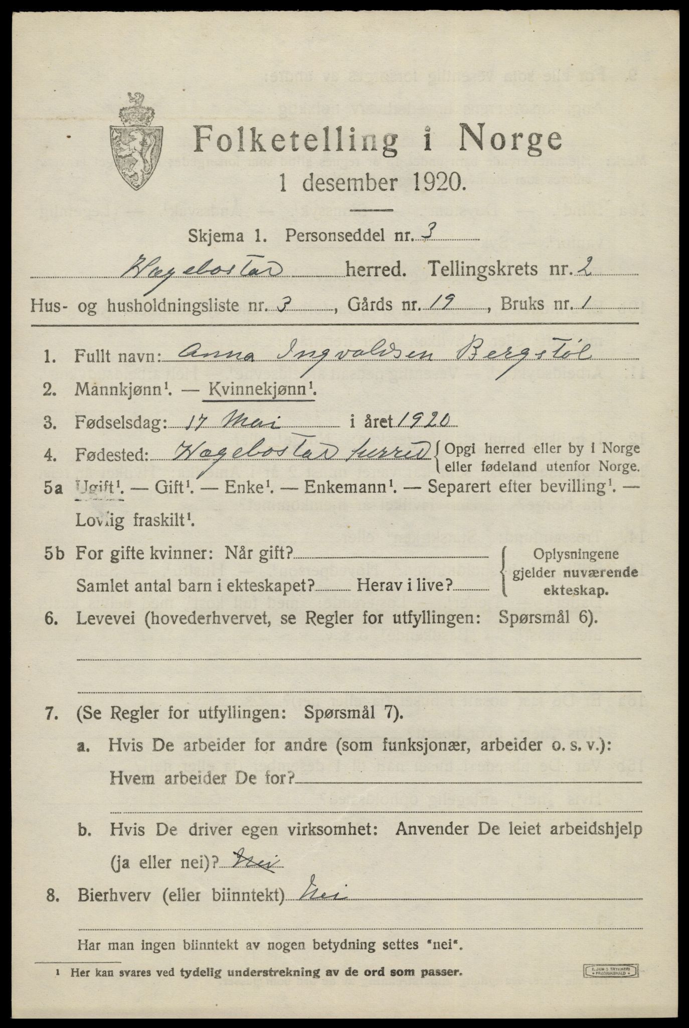 SAK, 1920 census for Hægebostad, 1920, p. 865