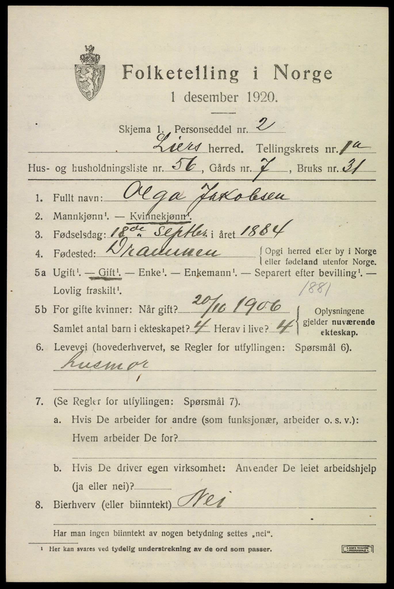 SAKO, 1920 census for Lier, 1920, p. 4104