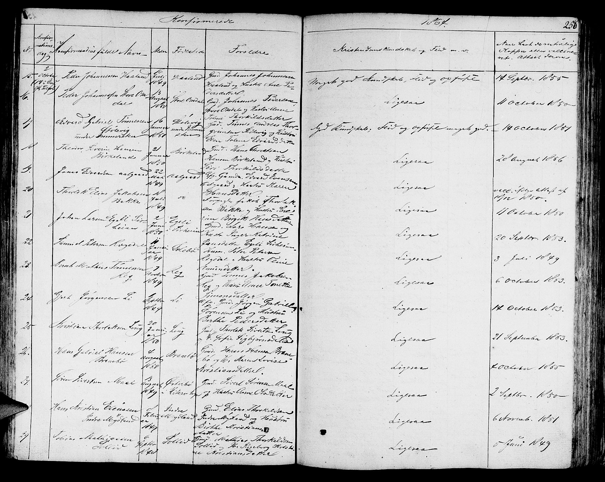 Sokndal sokneprestkontor, AV/SAST-A-101808: Parish register (copy) no. B 2, 1849-1865, p. 258