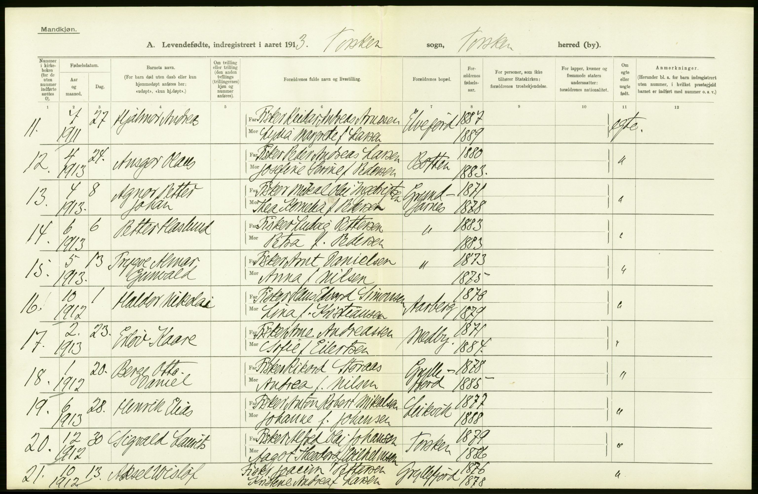 Statistisk sentralbyrå, Sosiodemografiske emner, Befolkning, AV/RA-S-2228/D/Df/Dfb/Dfbc/L0046: Tromsø amt: Levendefødte menn og kvinner. Bygder og byer., 1913, p. 108