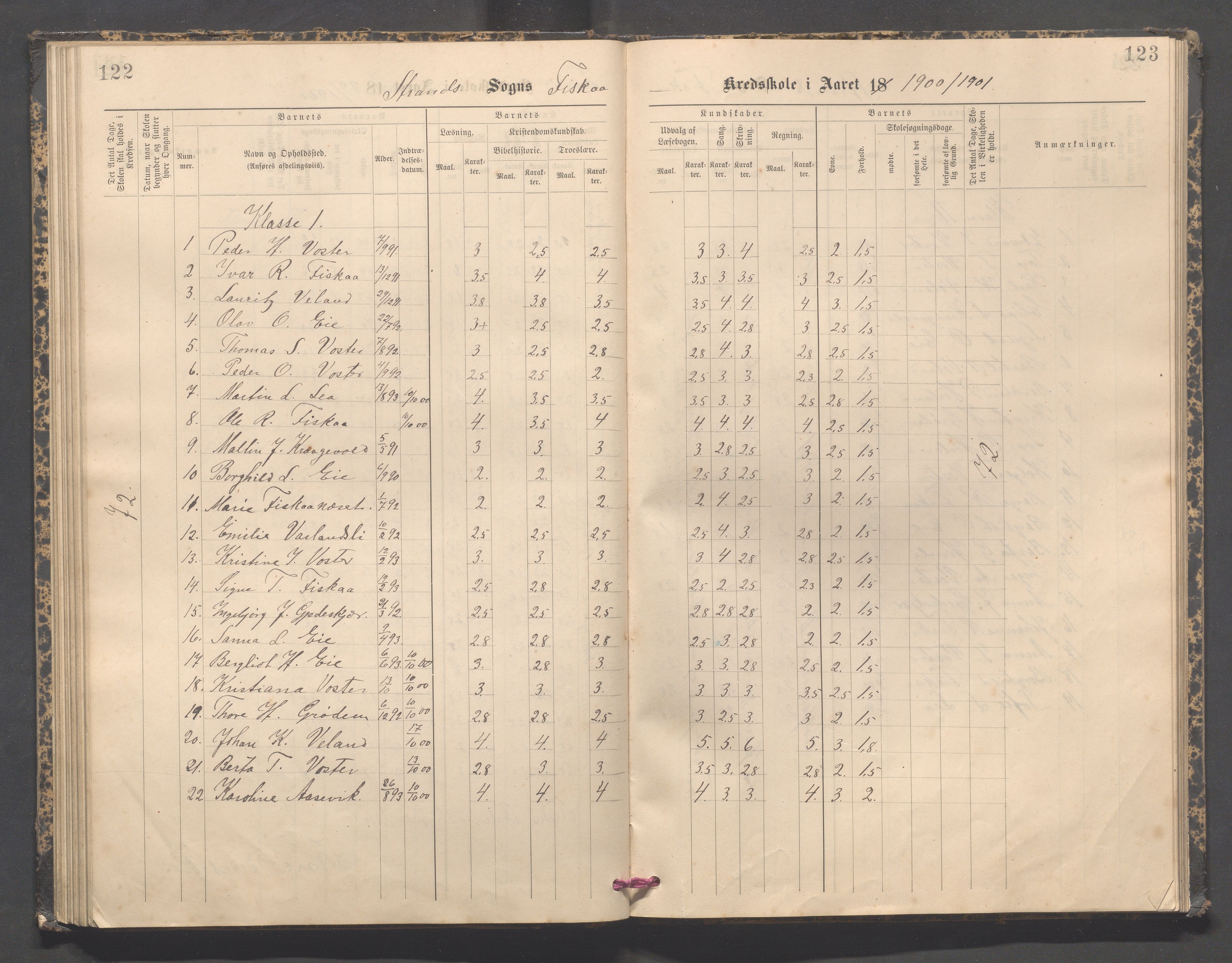 Strand kommune - Fiskå skole, IKAR/A-155/H/L0003: Skoleprotokoll for Fiskå krets, 1892-1903, p. 122-123