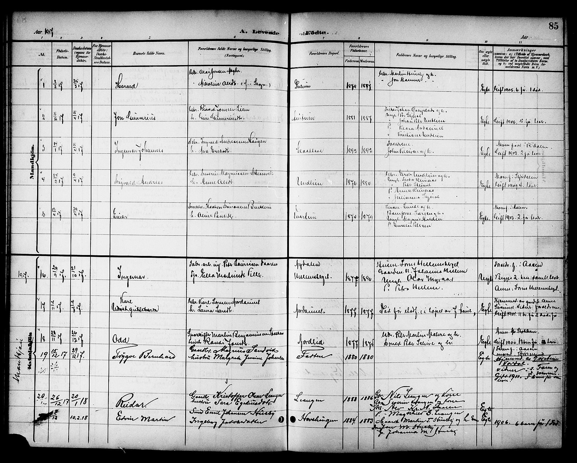 Ministerialprotokoller, klokkerbøker og fødselsregistre - Nord-Trøndelag, AV/SAT-A-1458/714/L0135: Parish register (copy) no. 714C04, 1899-1918, p. 85