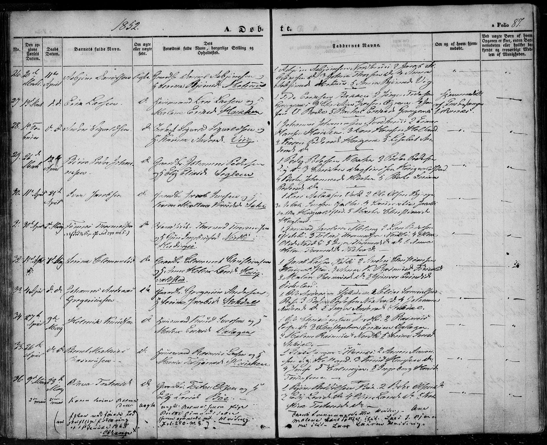 Rennesøy sokneprestkontor, AV/SAST-A -101827/H/Ha/Haa/L0005: Parish register (official) no. A 5, 1838-1859, p. 87