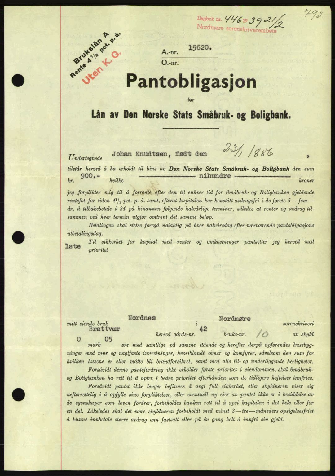 Nordmøre sorenskriveri, SAT/A-4132/1/2/2Ca: Mortgage book no. B84, 1938-1939, Diary no: : 446/1939