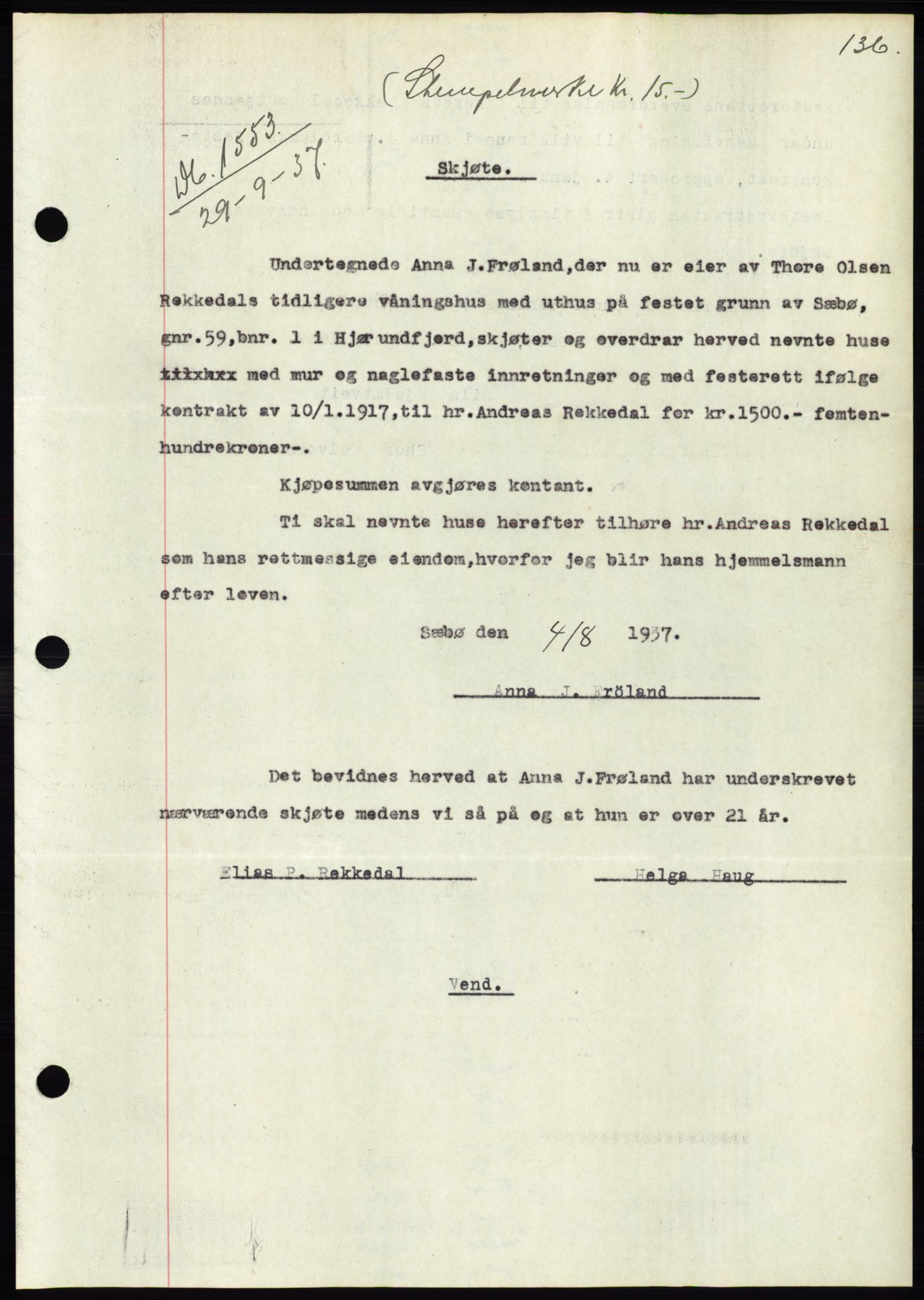 Søre Sunnmøre sorenskriveri, AV/SAT-A-4122/1/2/2C/L0064: Mortgage book no. 58, 1937-1938, Diary no: : 1553/1937