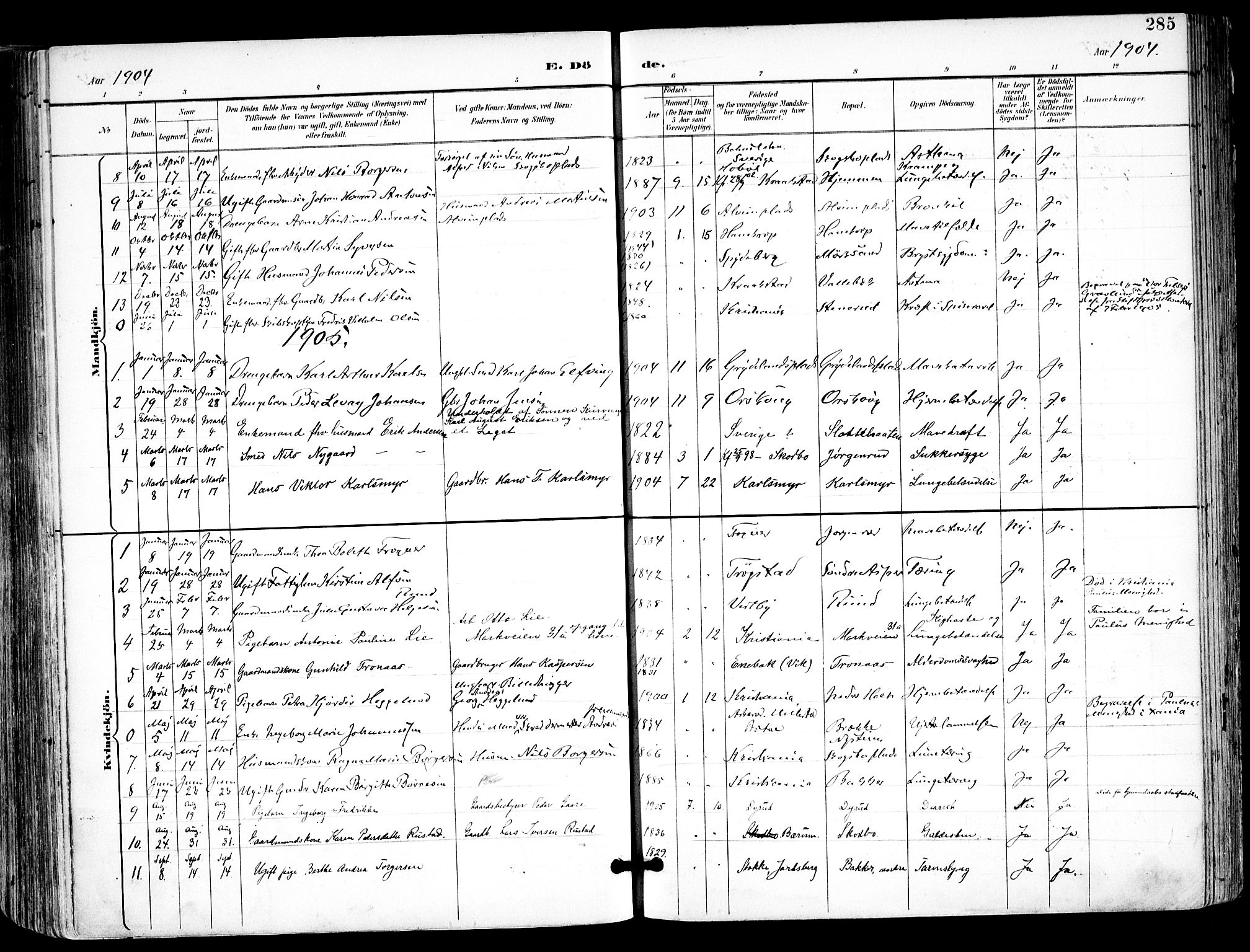Kråkstad prestekontor Kirkebøker, SAO/A-10125a/F/Fa/L0010: Parish register (official) no. I 10, 1893-1931, p. 285
