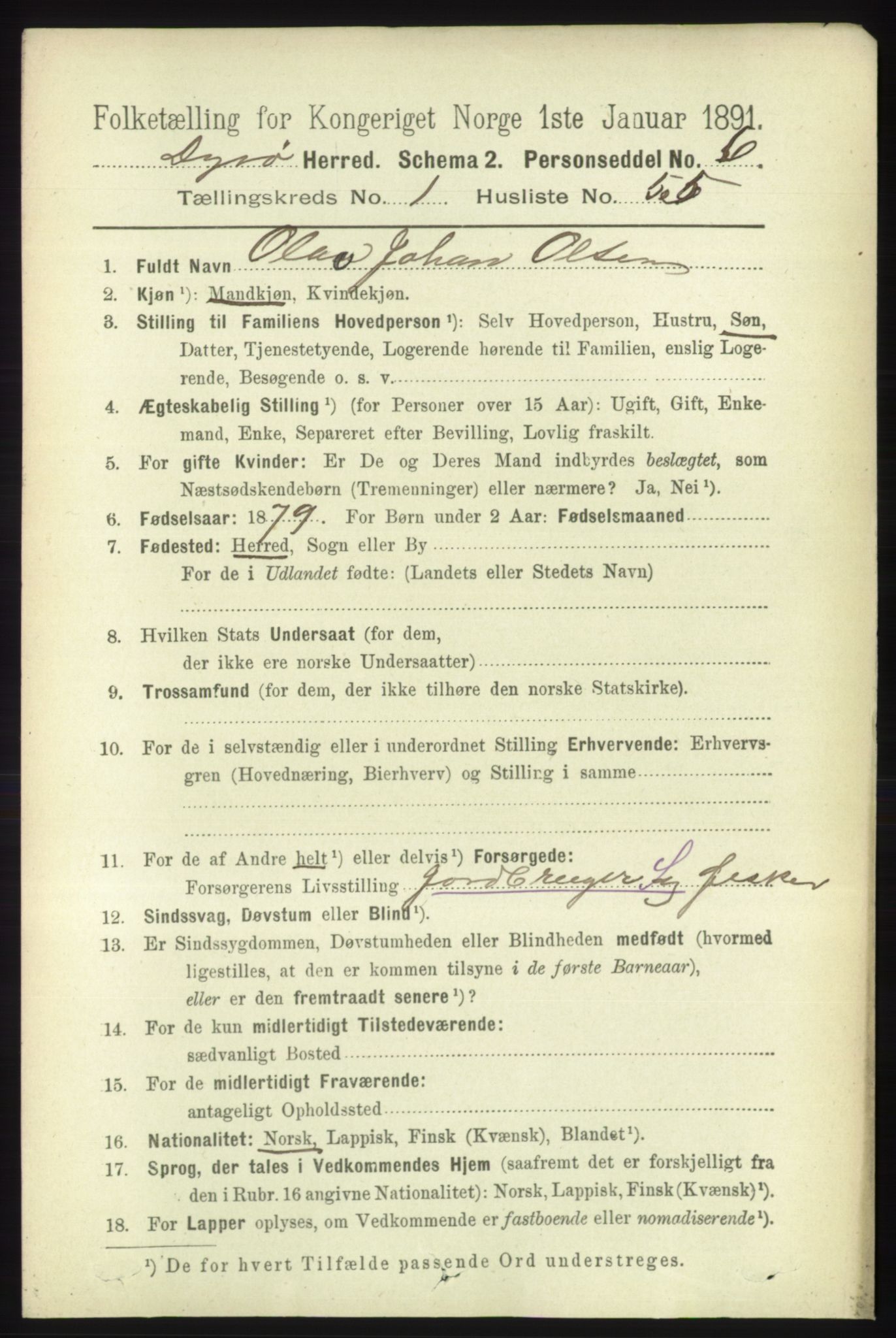 RA, 1891 census for 1926 Dyrøy, 1891, p. 408