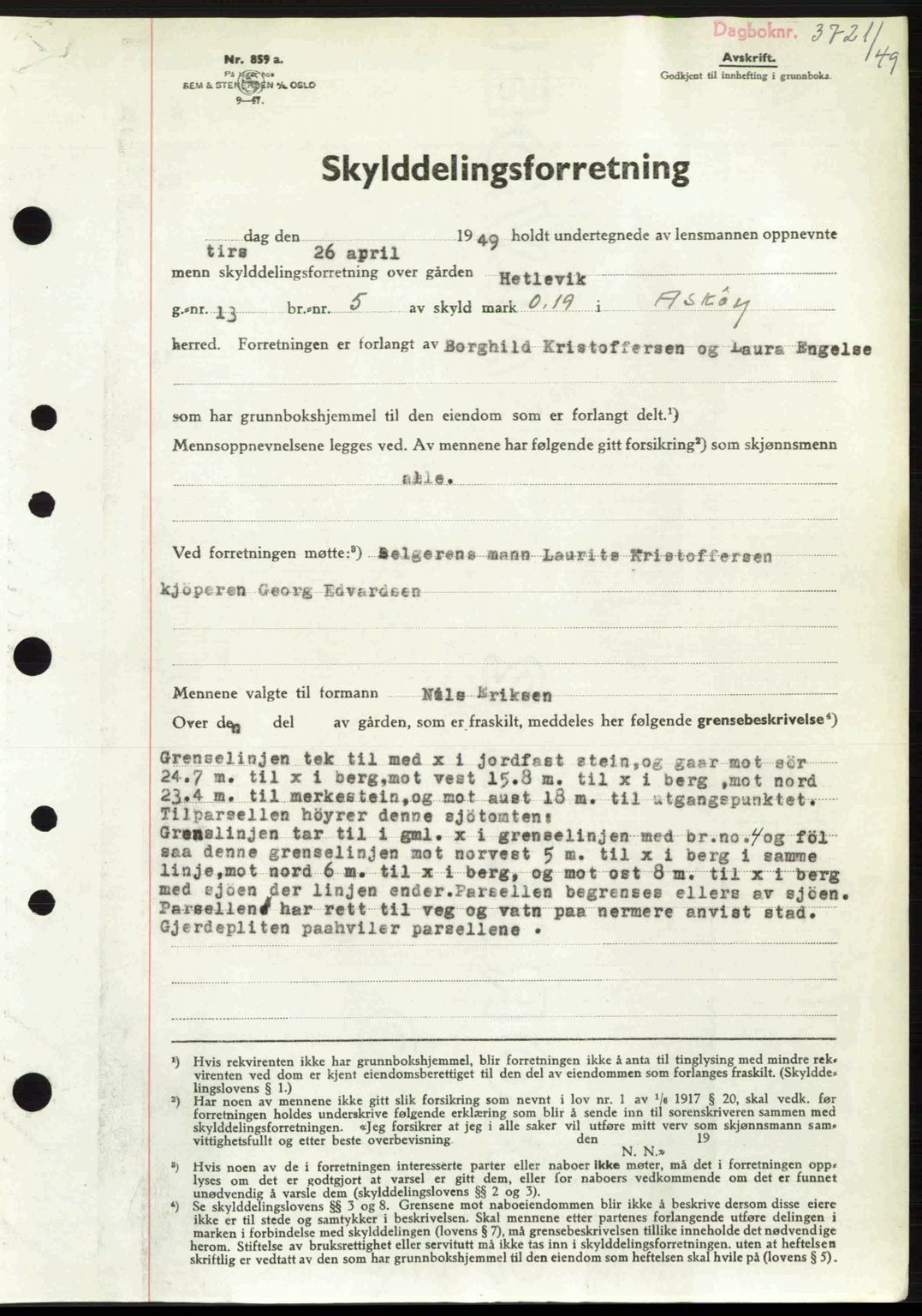 Midhordland sorenskriveri, SAB/A-3001/1/G/Gb/Gbh/L0032: Mortgage book no. A62-63, 1949-1949, Diary no: : 3721/1949
