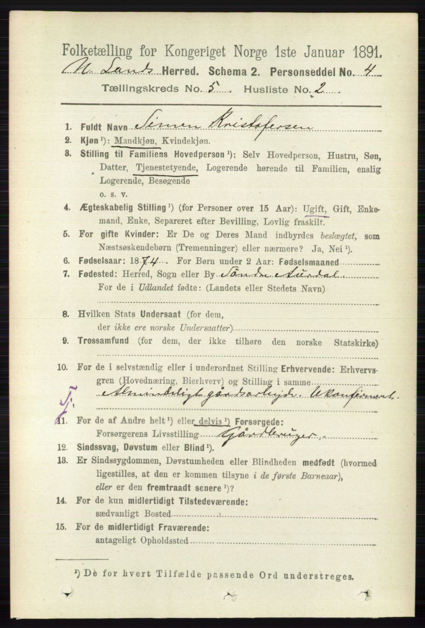 RA, 1891 census for 0538 Nordre Land, 1891, p. 1559