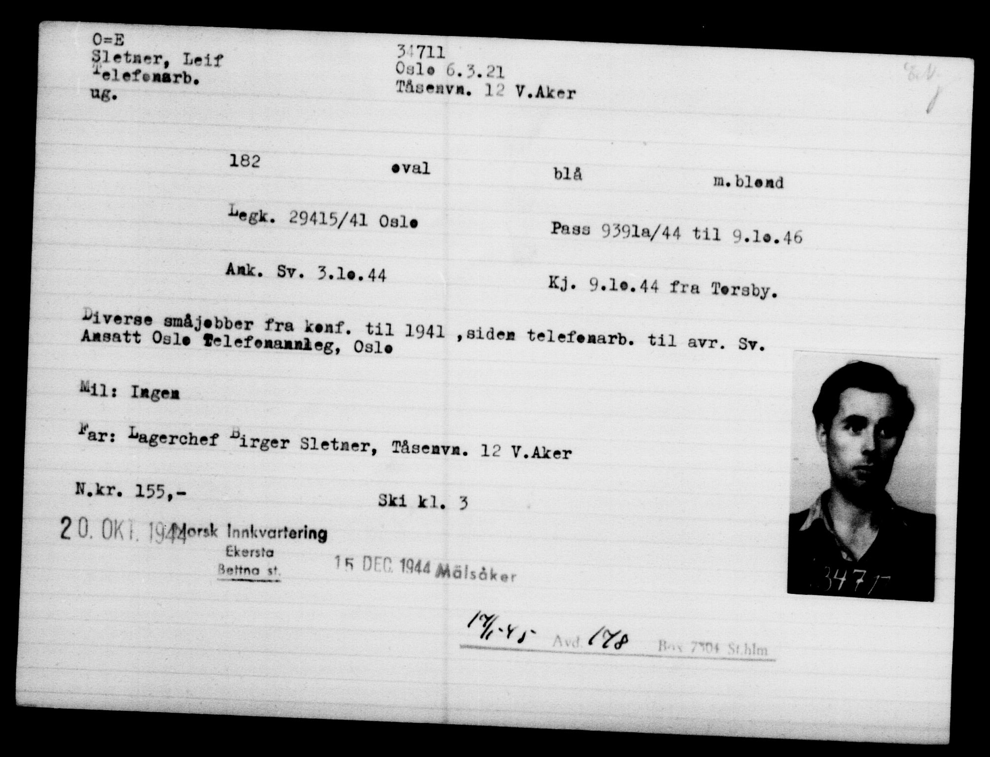Utenriksstasjonene, Legasjonen i Stockholm, Flyktningkontoret, AV/RA-S-6753/V/Va/L0013: Kjesäterkartoteket, flyktninger med registreringsnr. 31500-34731, 1940-1945, p. 3384