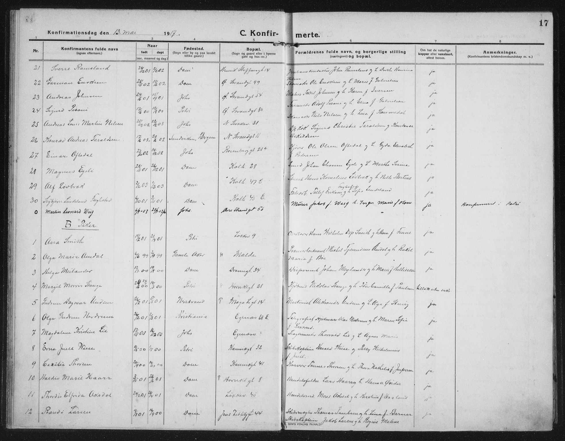 Domkirken sokneprestkontor, SAST/A-101812/002/A/L0019: Parish register (official) no. A 35, 1916-1932, p. 17