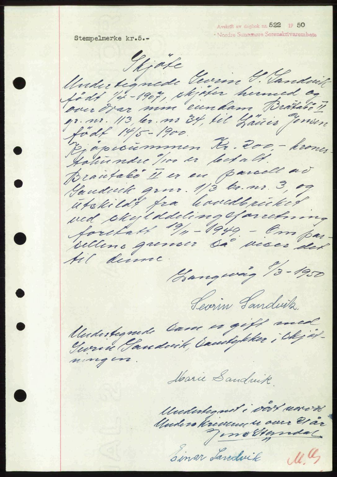 Nordre Sunnmøre sorenskriveri, AV/SAT-A-0006/1/2/2C/2Ca: Mortgage book no. A33, 1949-1950, Diary no: : 222/1950