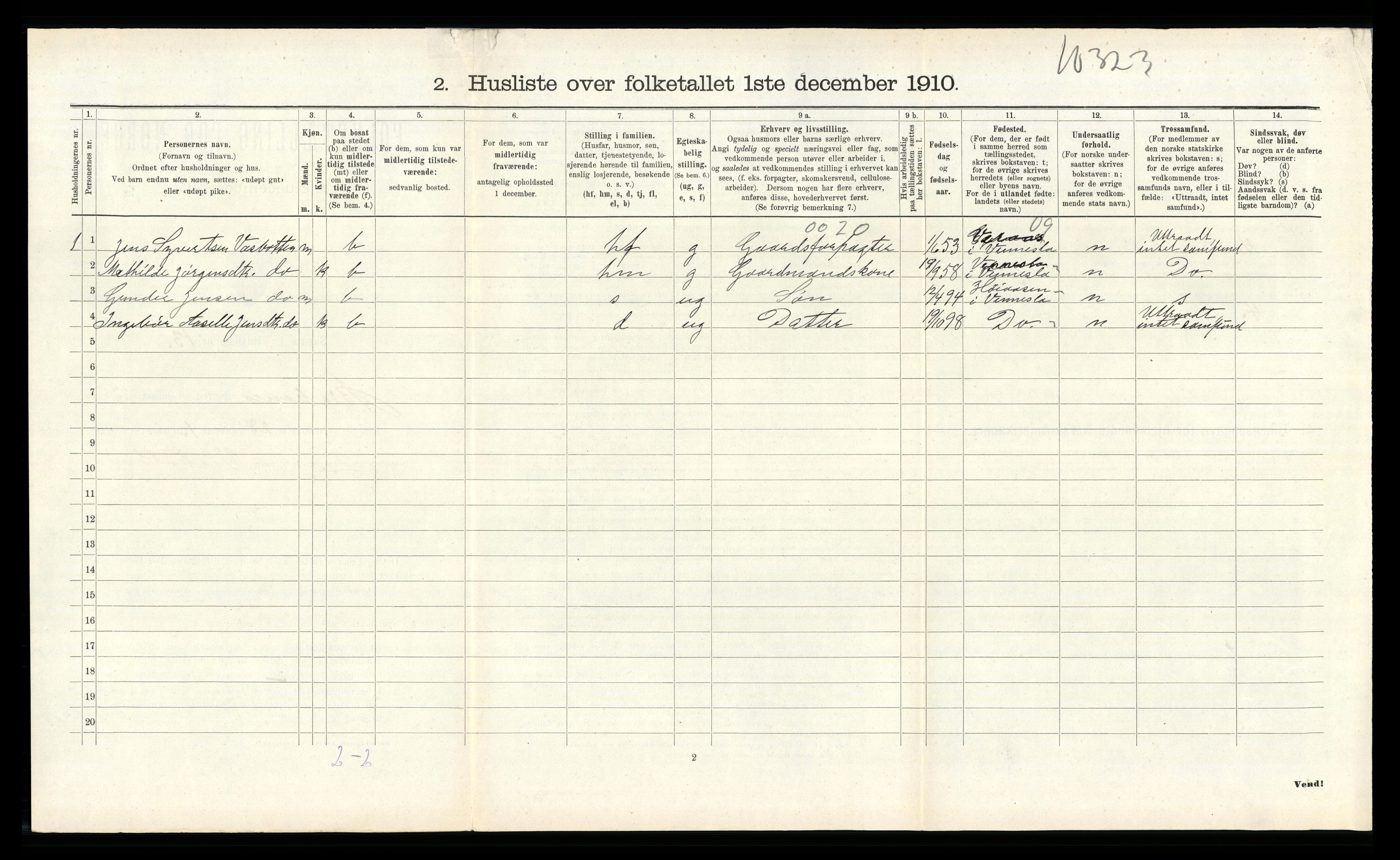 RA, 1910 census for Birkenes, 1910, p. 563