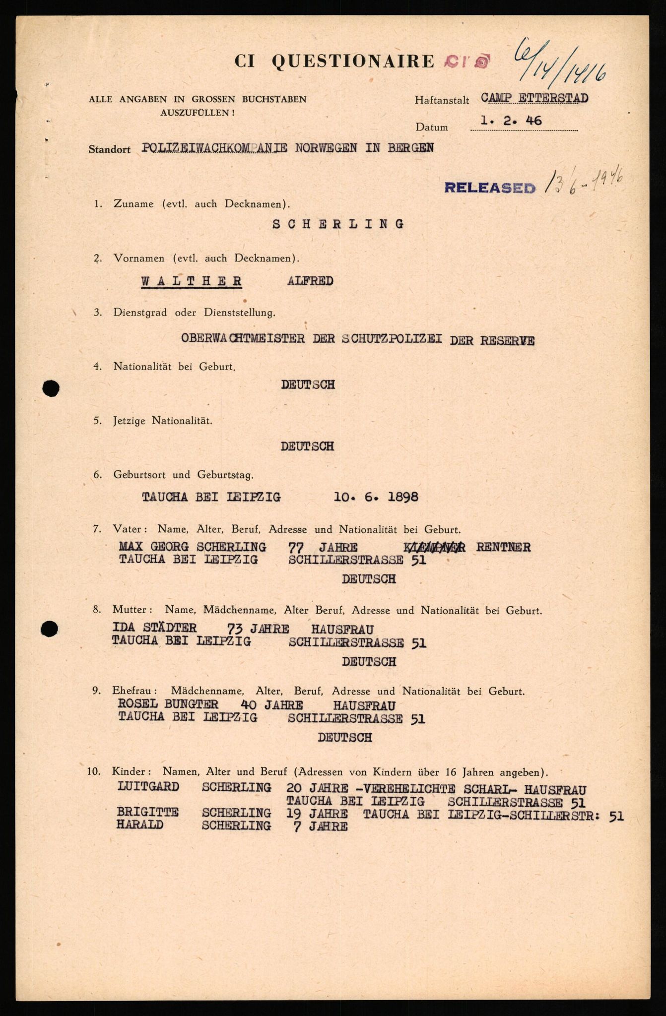 Forsvaret, Forsvarets overkommando II, RA/RAFA-3915/D/Db/L0029: CI Questionaires. Tyske okkupasjonsstyrker i Norge. Tyskere., 1945-1946, p. 149