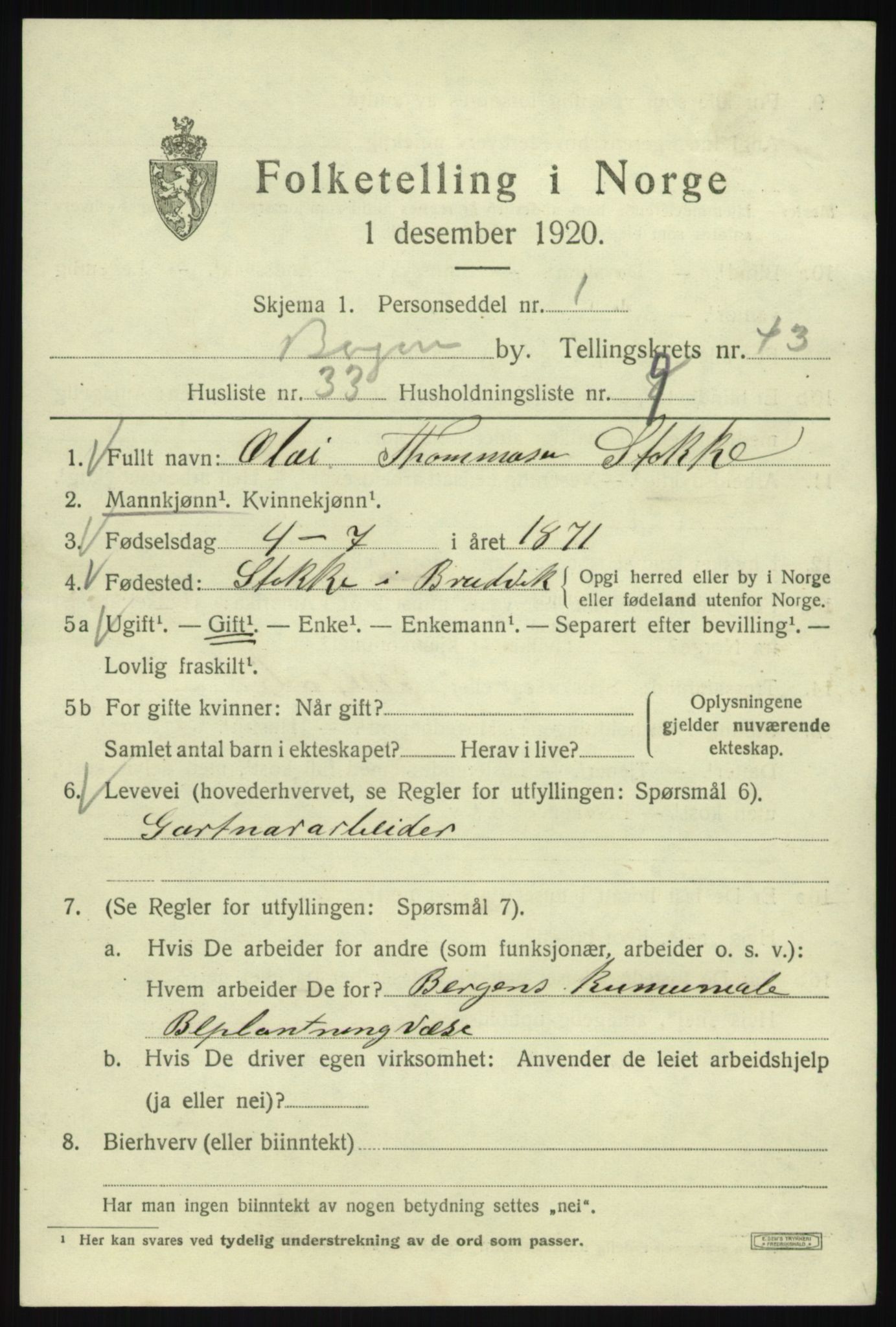 SAB, 1920 census for Bergen, 1920, p. 112342