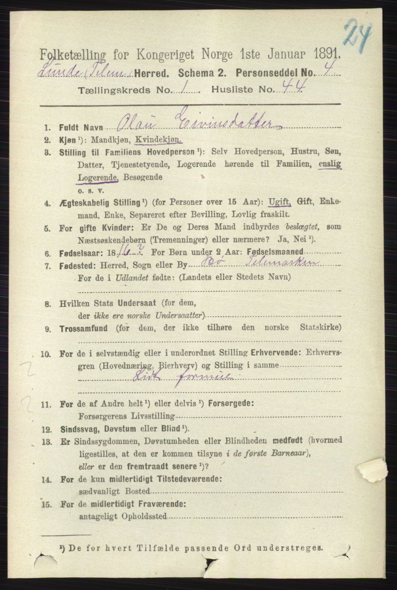 RA, 1891 census for 0820 Lunde, 1891, p. 284