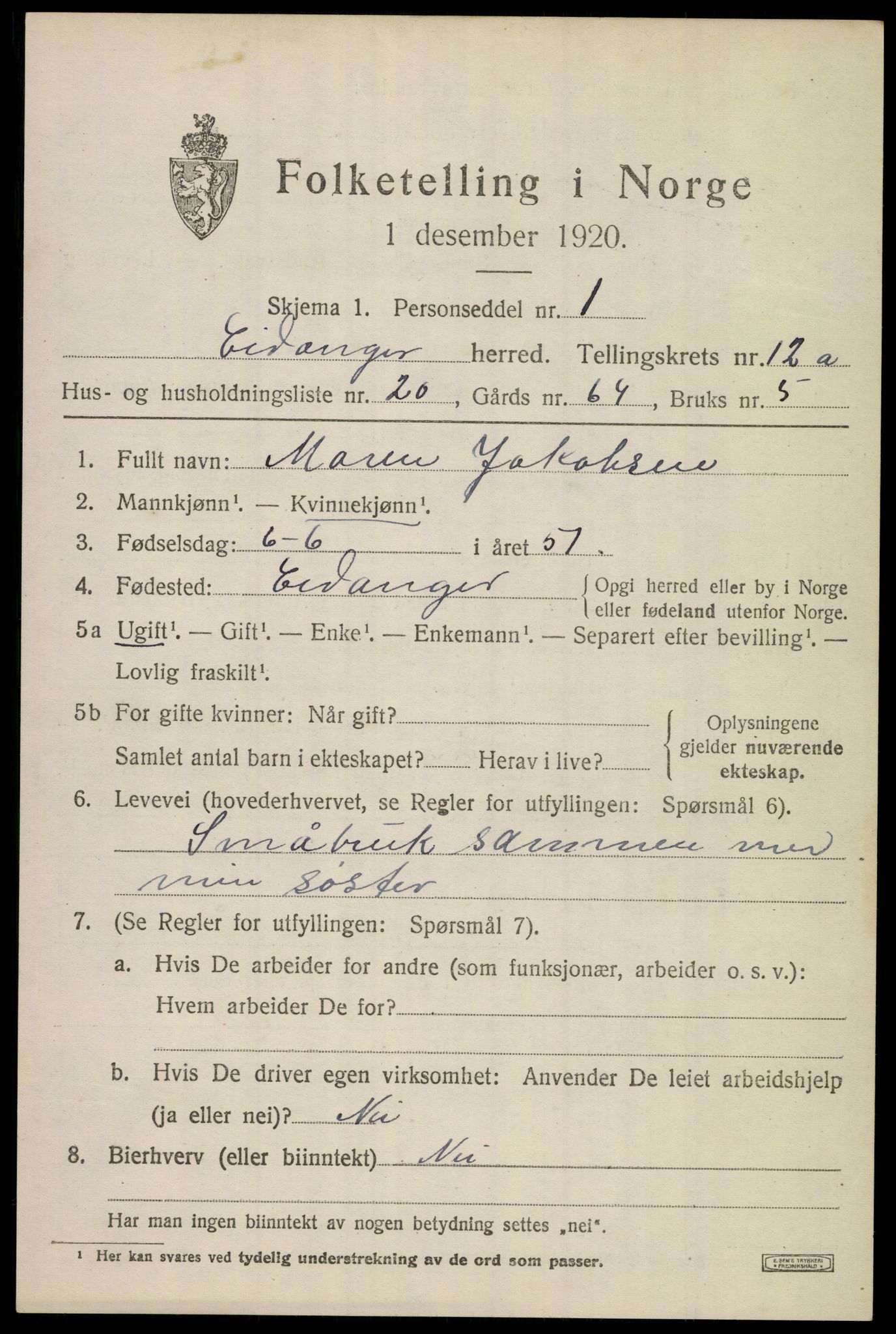 SAKO, 1920 census for Eidanger, 1920, p. 7418