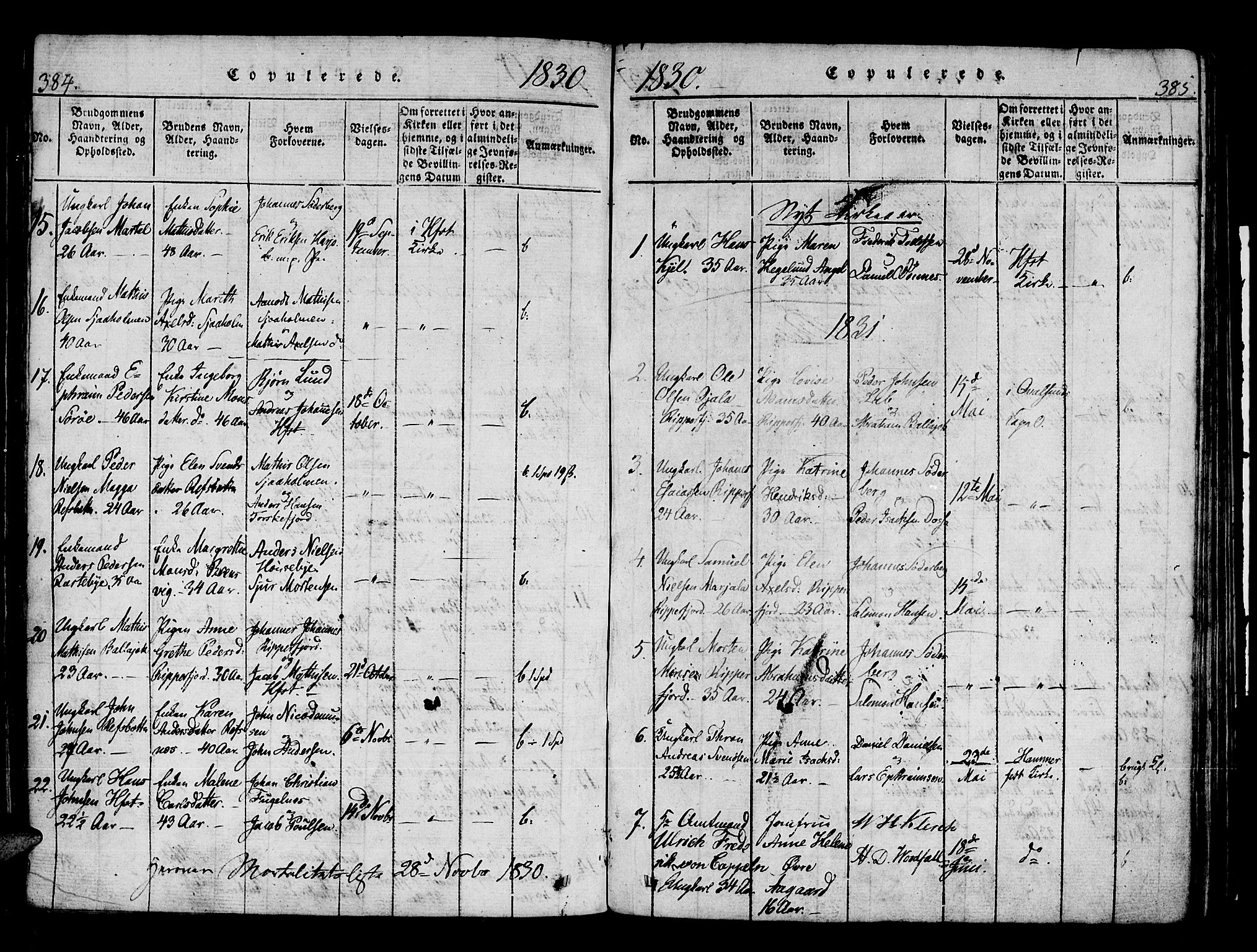 Hammerfest sokneprestkontor, SATØ/S-1347/H/Ha/L0003.kirke: Parish register (official) no. 3, 1821-1842, p. 384-385