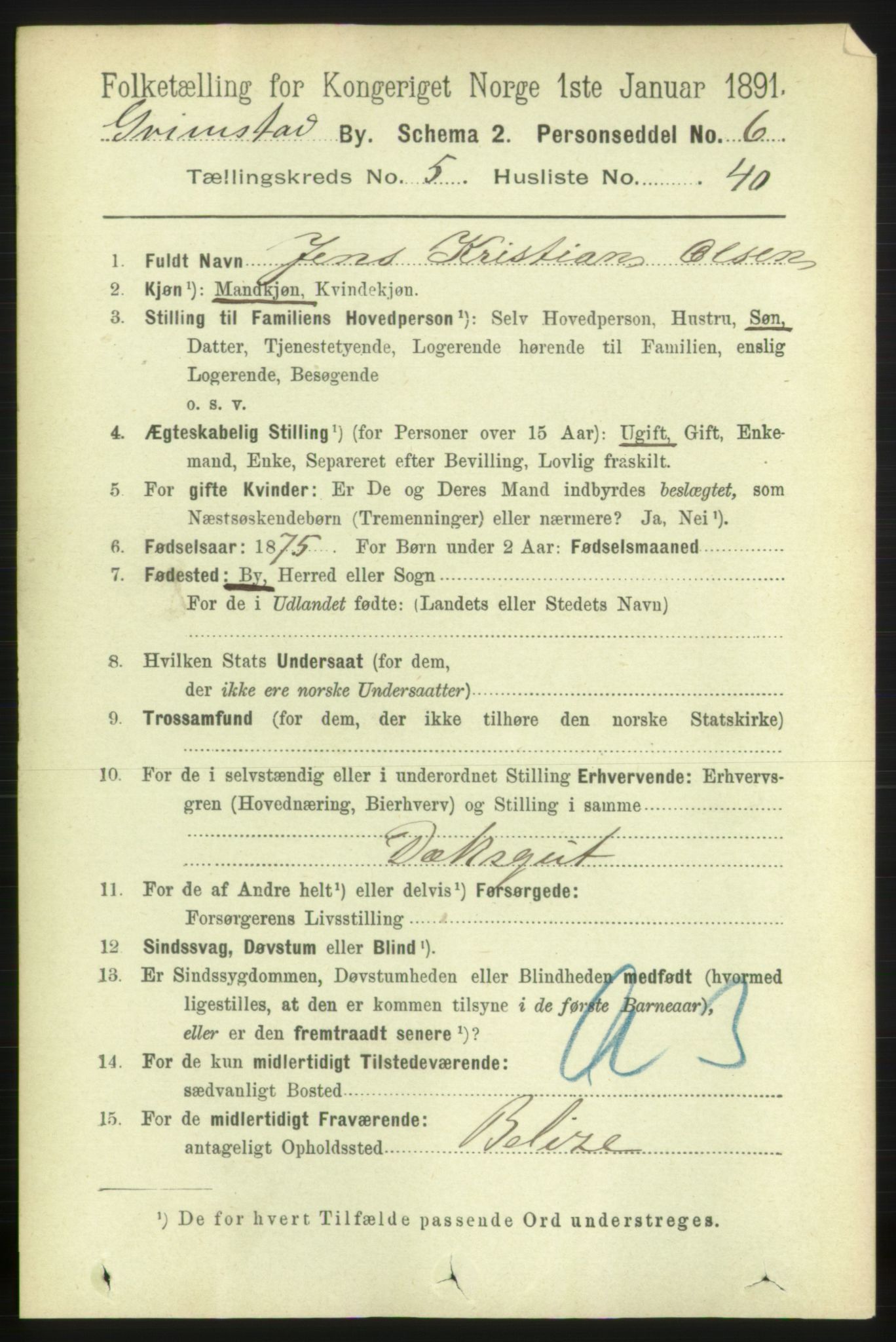 RA, 1891 census for 0904 Grimstad, 1891, p. 3345