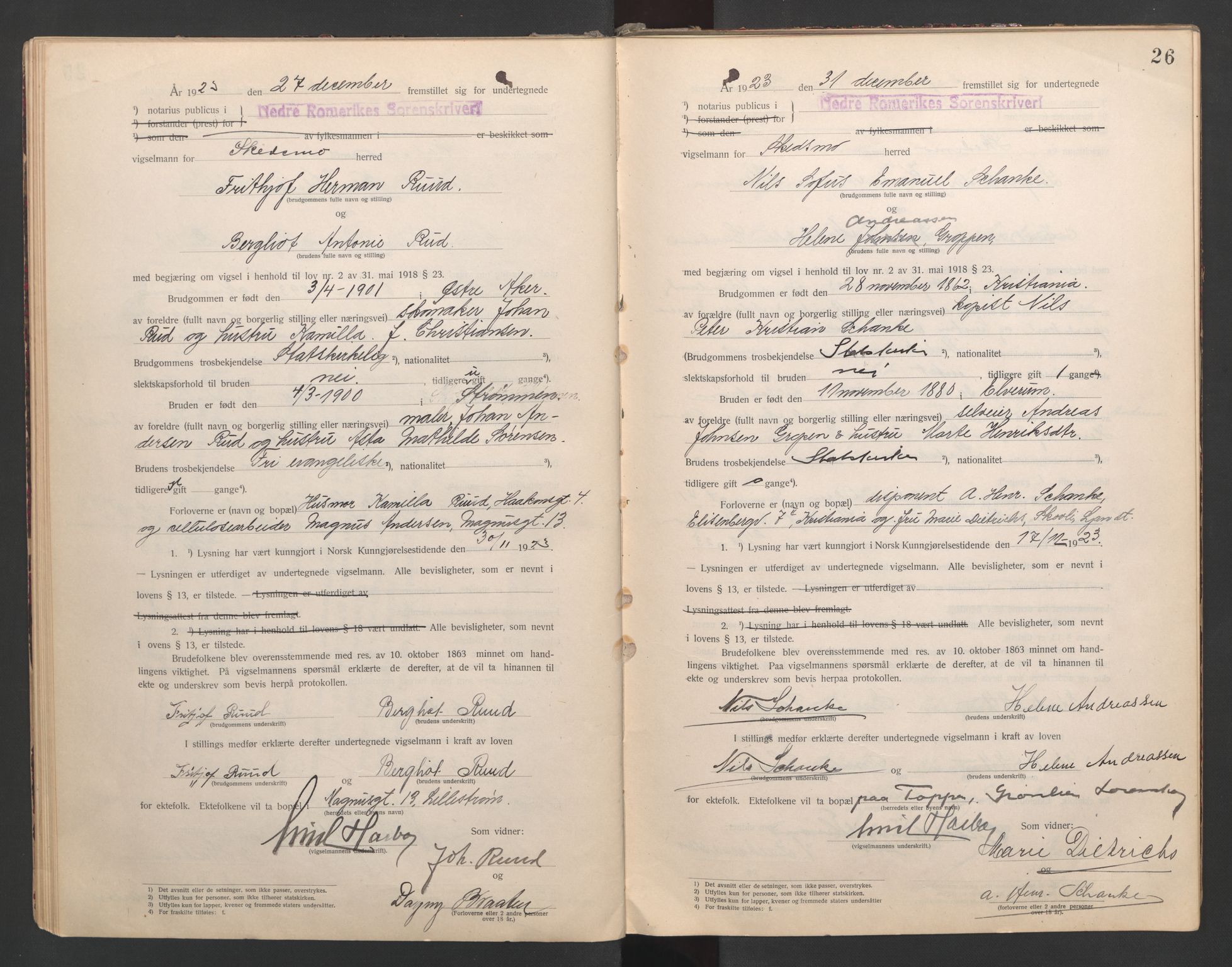 Nedre Romerike sorenskriveri, AV/SAO-A-10469/L/Lb/L0001: Vigselsbok - borgerlige vielser, 1920-1935, p. 26