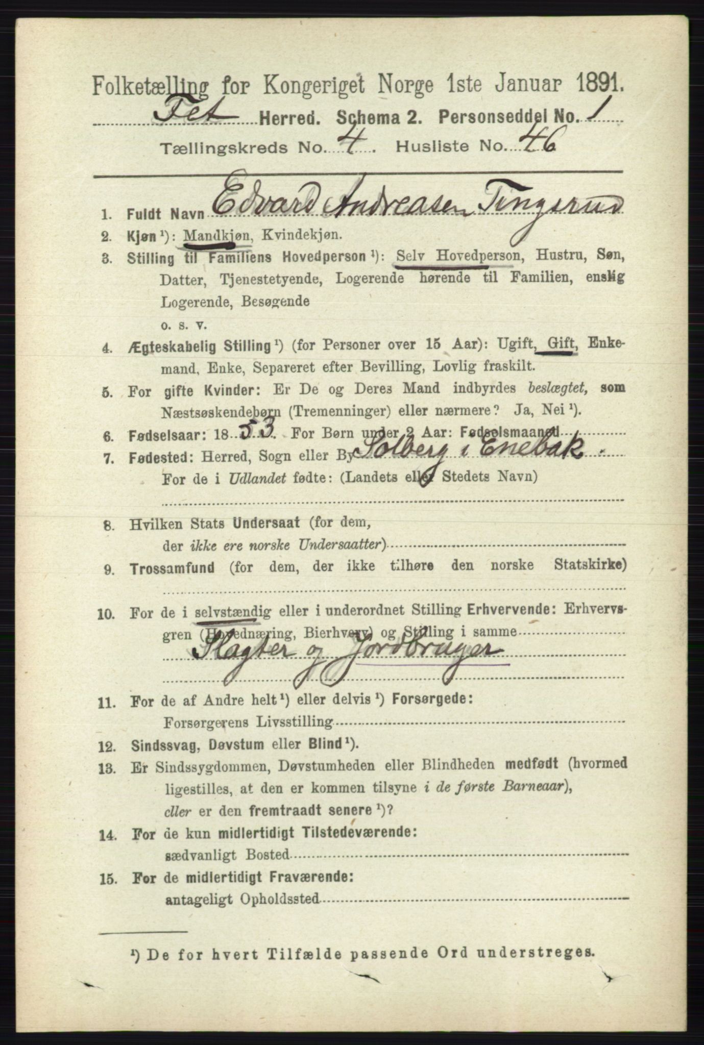 RA, 1891 census for 0227 Fet, 1891, p. 1529