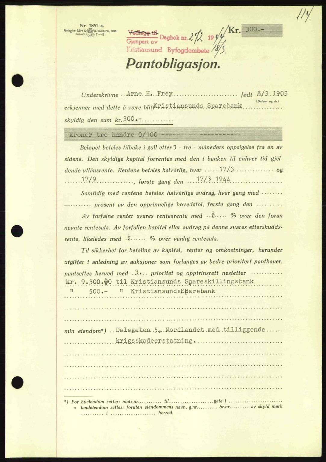 Kristiansund byfogd, SAT/A-4587/A/27: Mortgage book no. 37-38, 1943-1945, Diary no: : 272/1944