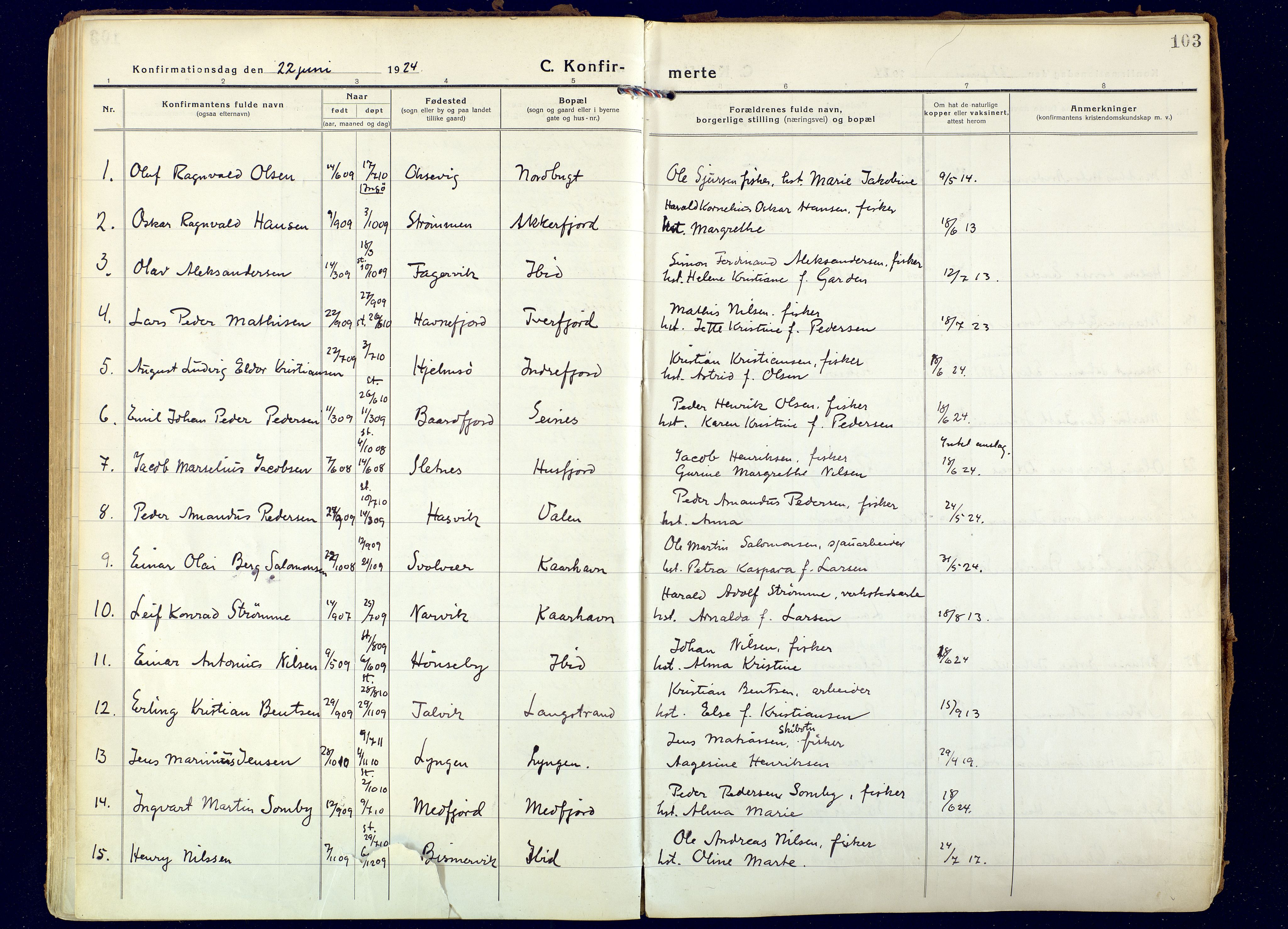 Hammerfest sokneprestkontor, AV/SATØ-S-1347/H/Ha/L0018.kirke: Parish register (official) no. 18, 1918-1933, p. 103