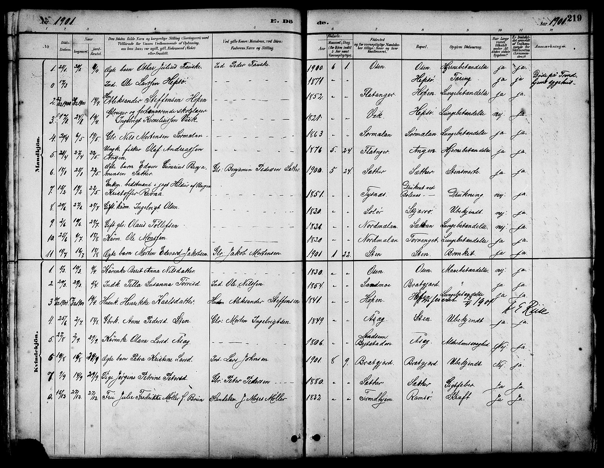 Ministerialprotokoller, klokkerbøker og fødselsregistre - Sør-Trøndelag, SAT/A-1456/658/L0726: Parish register (copy) no. 658C02, 1883-1908, p. 219