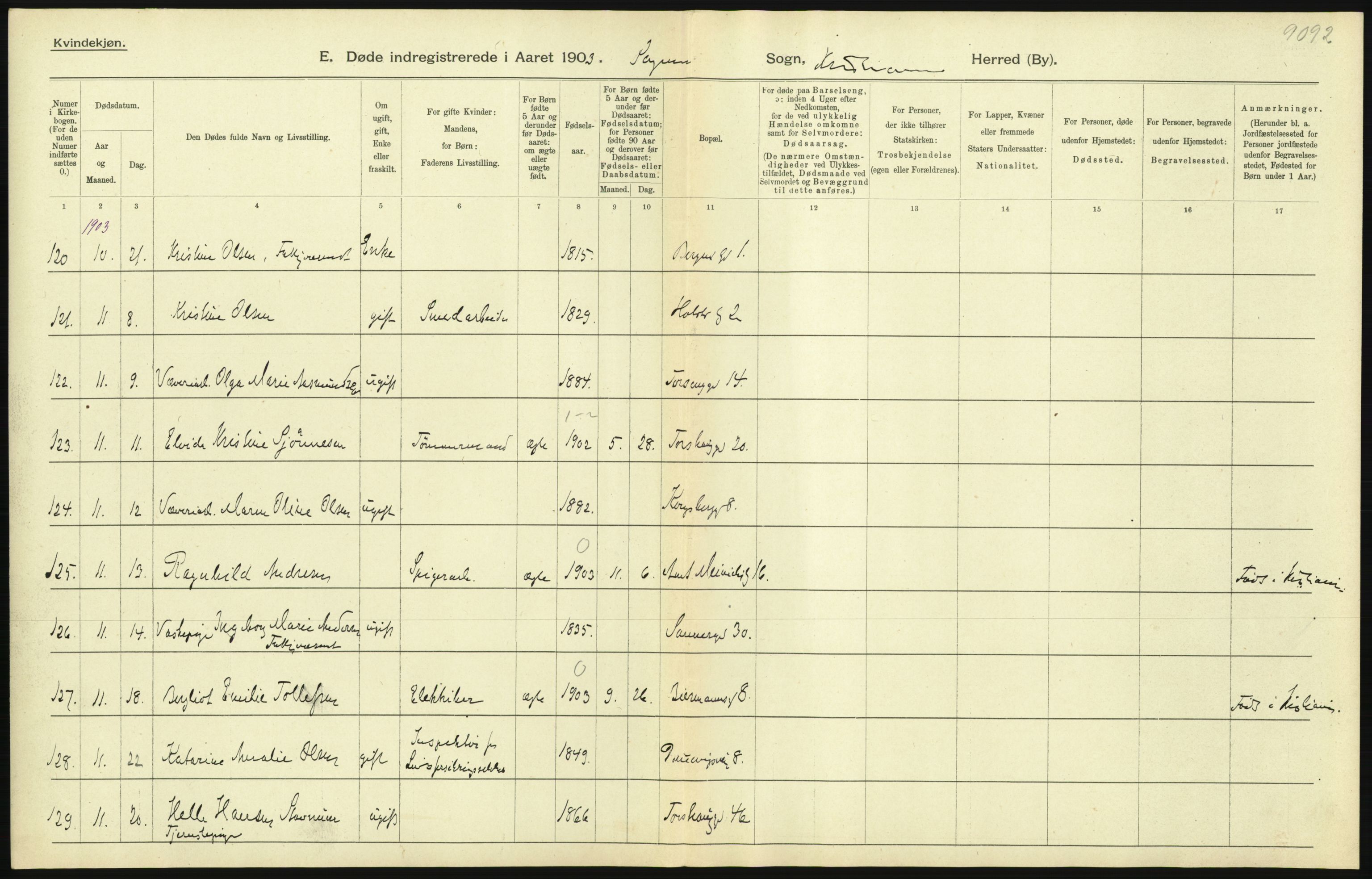 Statistisk sentralbyrå, Sosiodemografiske emner, Befolkning, AV/RA-S-2228/D/Df/Dfa/Dfaa/L0004: Kristiania: Gifte, døde, 1903, p. 73