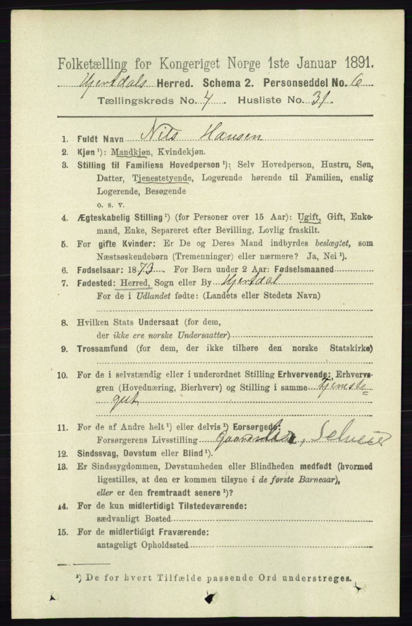 RA, 1891 census for 0827 Hjartdal, 1891, p. 1564