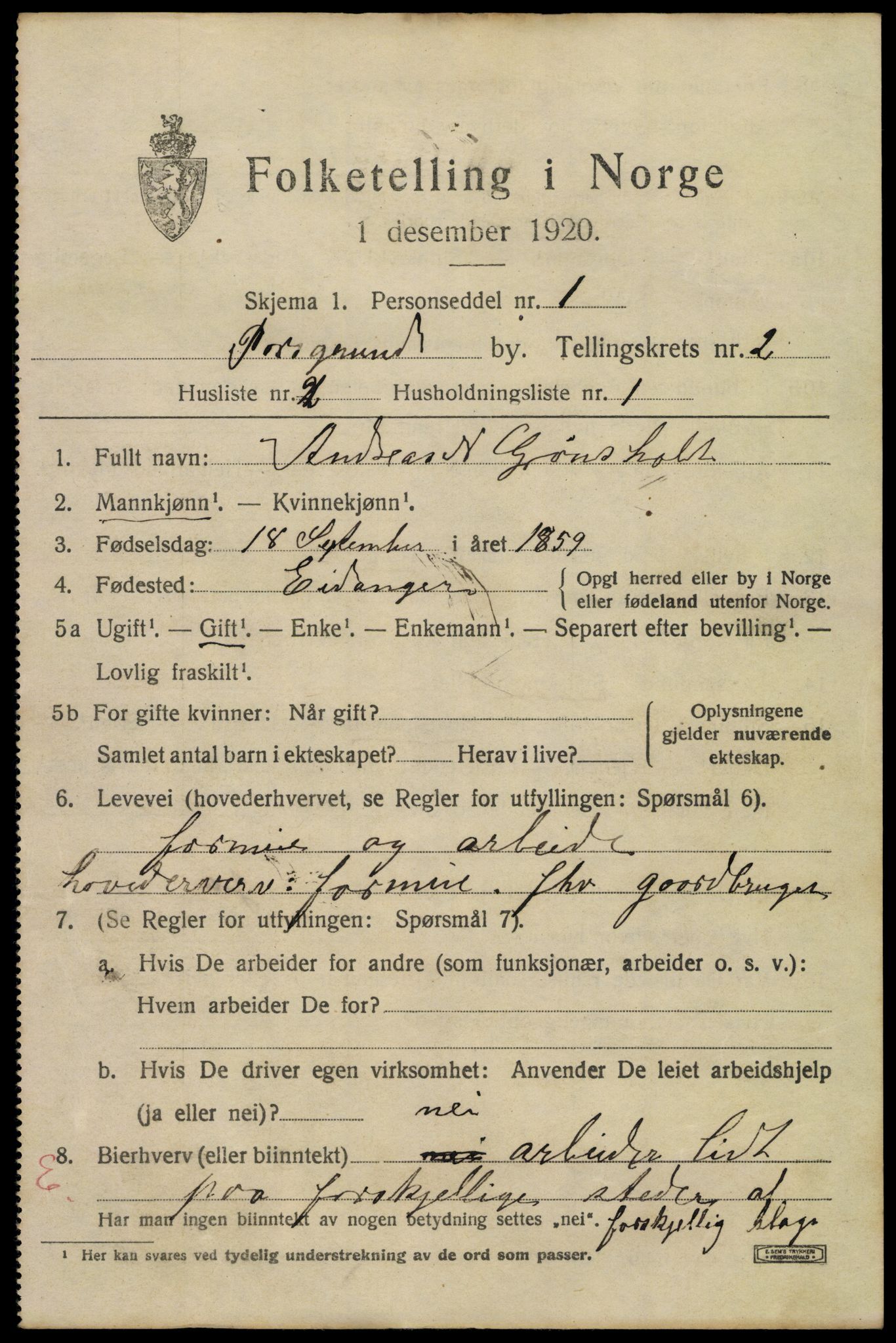 SAKO, 1920 census for Porsgrunn, 1920, p. 10841