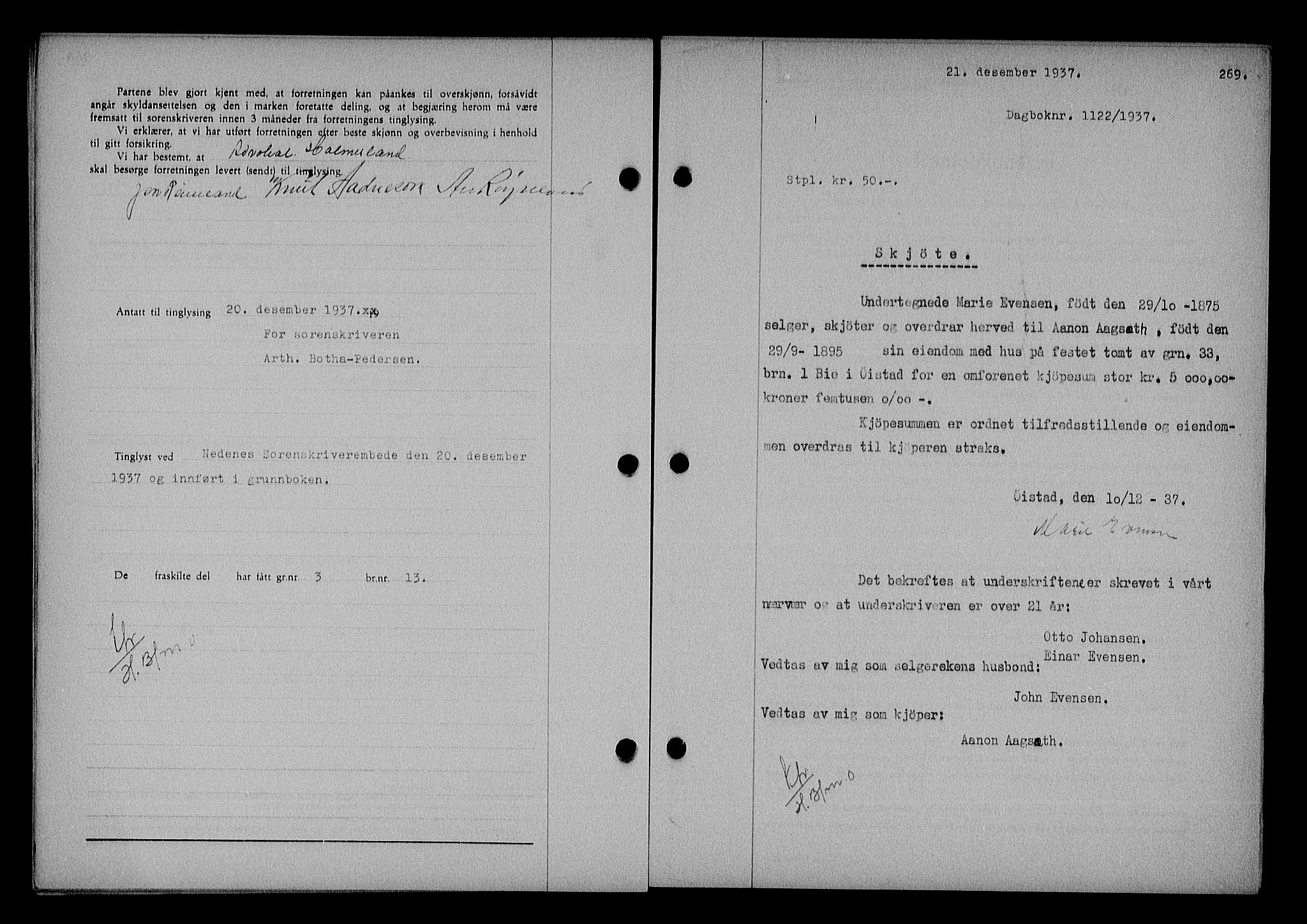 Nedenes sorenskriveri, SAK/1221-0006/G/Gb/Gba/L0044: Mortgage book no. 40, 1937-1938, Diary no: : 1122/1937