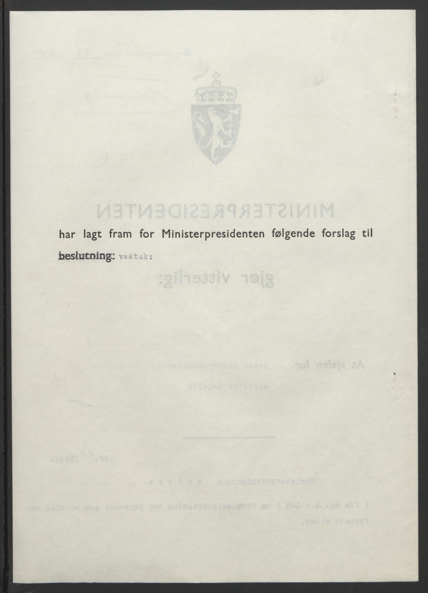 NS-administrasjonen 1940-1945 (Statsrådsekretariatet, de kommisariske statsråder mm), AV/RA-S-4279/D/Db/L0111/0003: Saker fra krigsårene / Journal, 1940-1945, p. 255