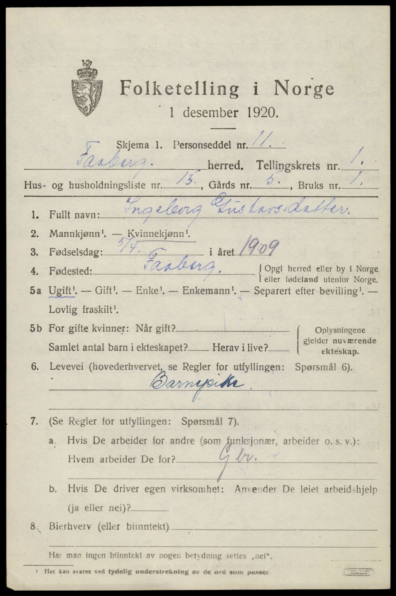 SAH, 1920 census for Fåberg, 1920, p. 2432