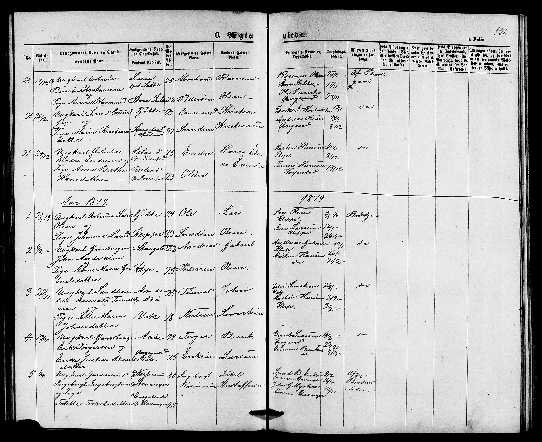 Klepp sokneprestkontor, AV/SAST-A-101803/001/3/30BB/L0003: Parish register (copy) no. B 3, 1876-1888, p. 151